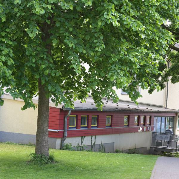 Das Gebäude der GGS Gronau ist von außen zu sehen. Davor steht ein Baum. r