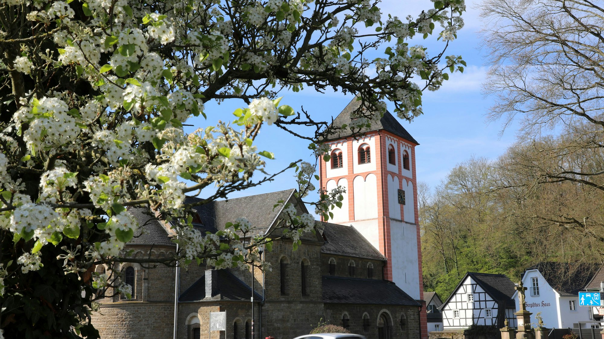 Die Kirche St. Pankratius in Odenthal unter Blüten.