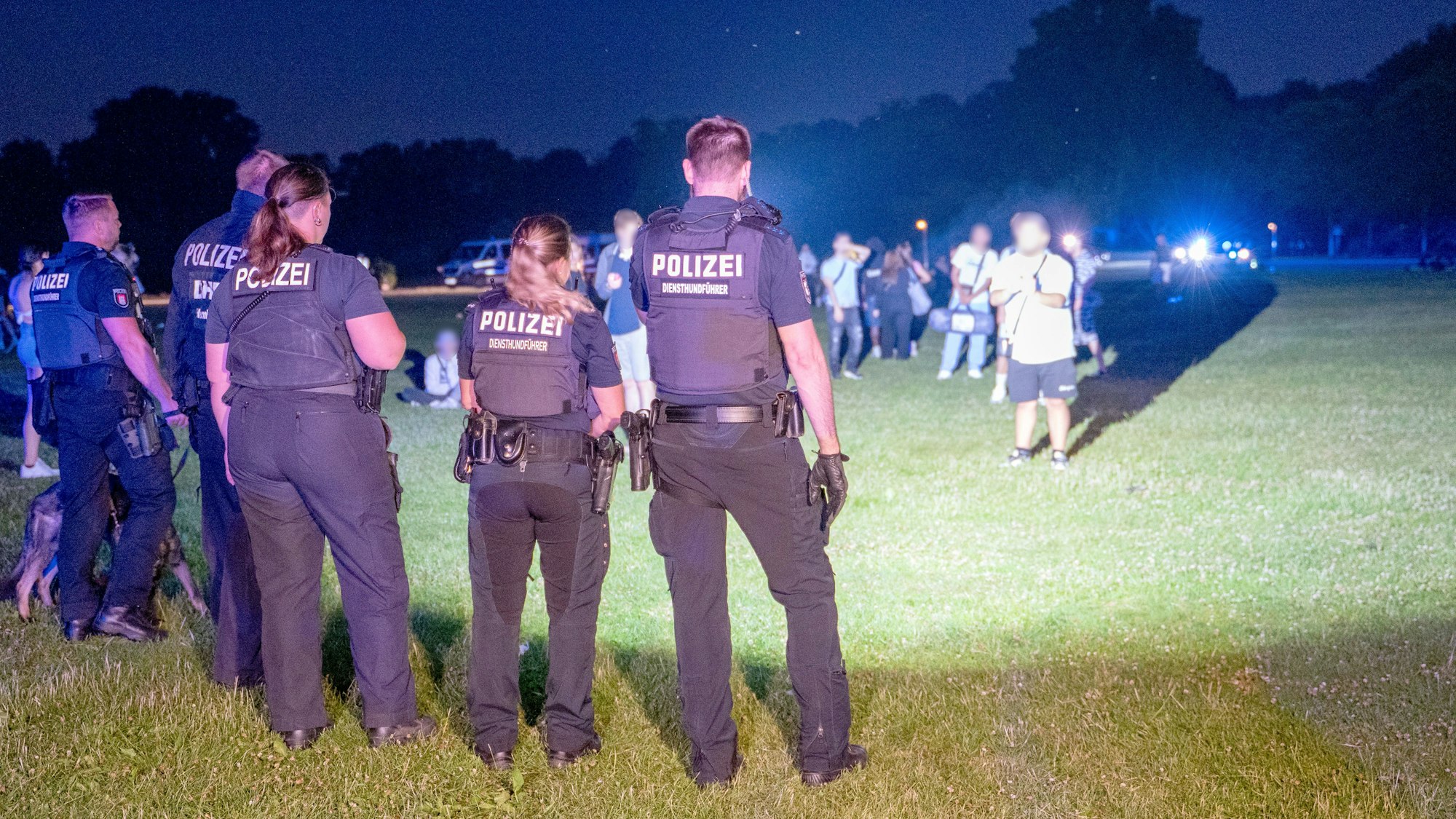 Einsatzkräfte der Polizei und Jugendliche stehen sich im Hamburger Stadtpark gegenüber.