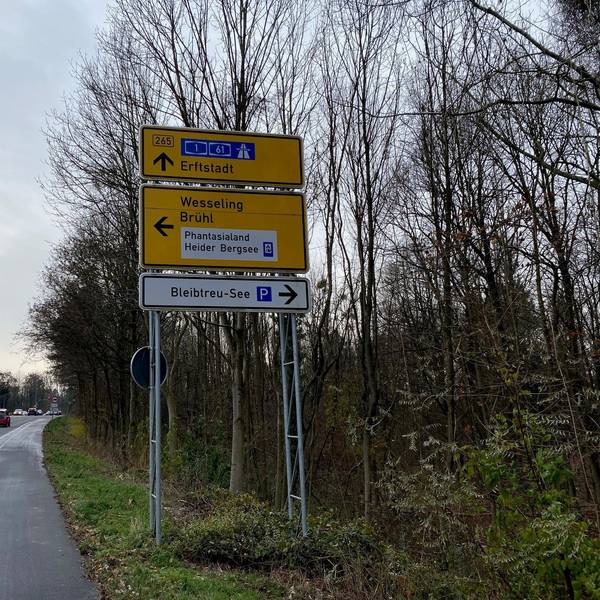 Zu sehen sind ein Verkehrsschild und eine befahrene Landstraße.