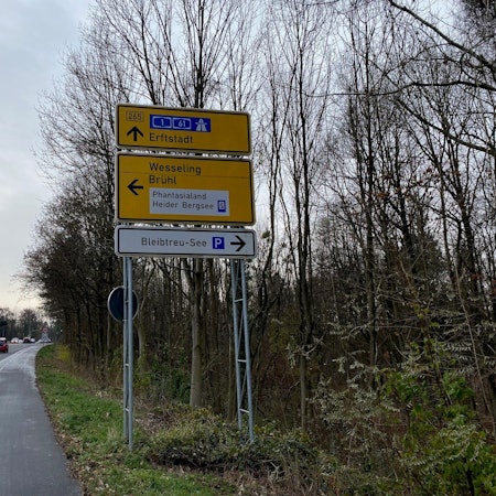 Zu sehen sind ein Verkehrsschild und eine befahrene Landstraße.