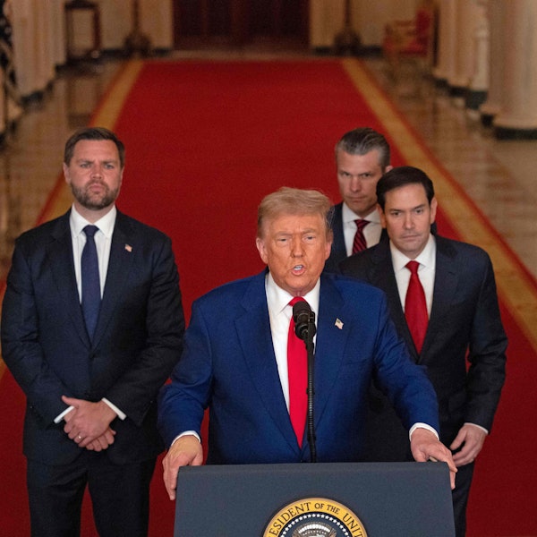 US President Donald Trump addresses the nation, alongside US Vice President JD Vance (L), US Secretary of State Marco Rubio (2nd R) and US Secretary of Defense Pete Hegseth (R), from the White House in Washington, DC on June 21, 2025, following the announcement that the US bombed nuclear sites in Iran. President Donald Trump said June 21, 2025 the US military has carried out a "very successful attack" on three Iranian nuclear sites, including the underground uranium enrichment facility at Fordo. "We have completed our very successful attack on the three Nuclear sites in Iran, including Fordow, Natanz, and Esfahan," Trump said in a post on his Truth Social platform. (Photo by CARLOS BARRIA / POOL / AFP)