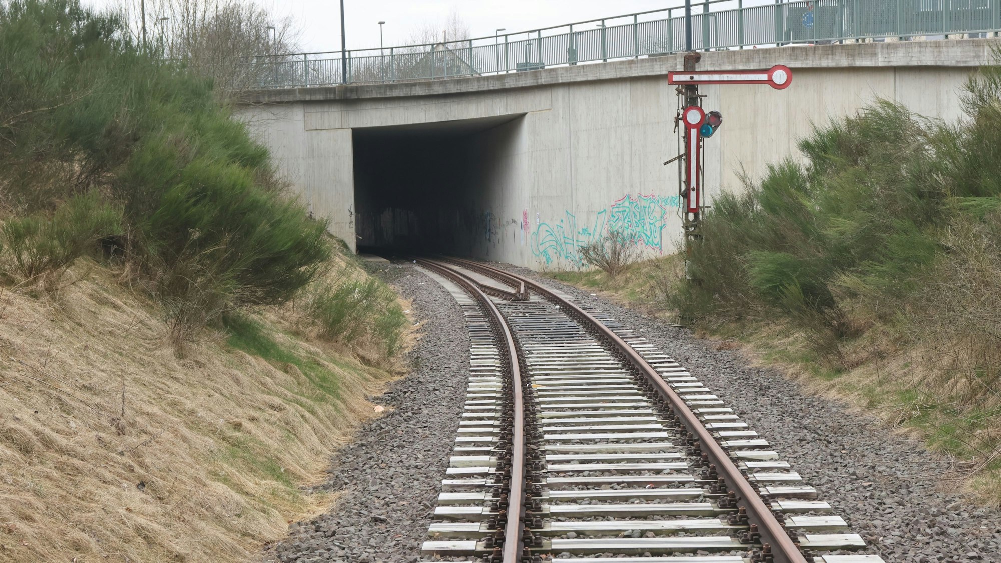 Schienen führen in einen Tunnel.