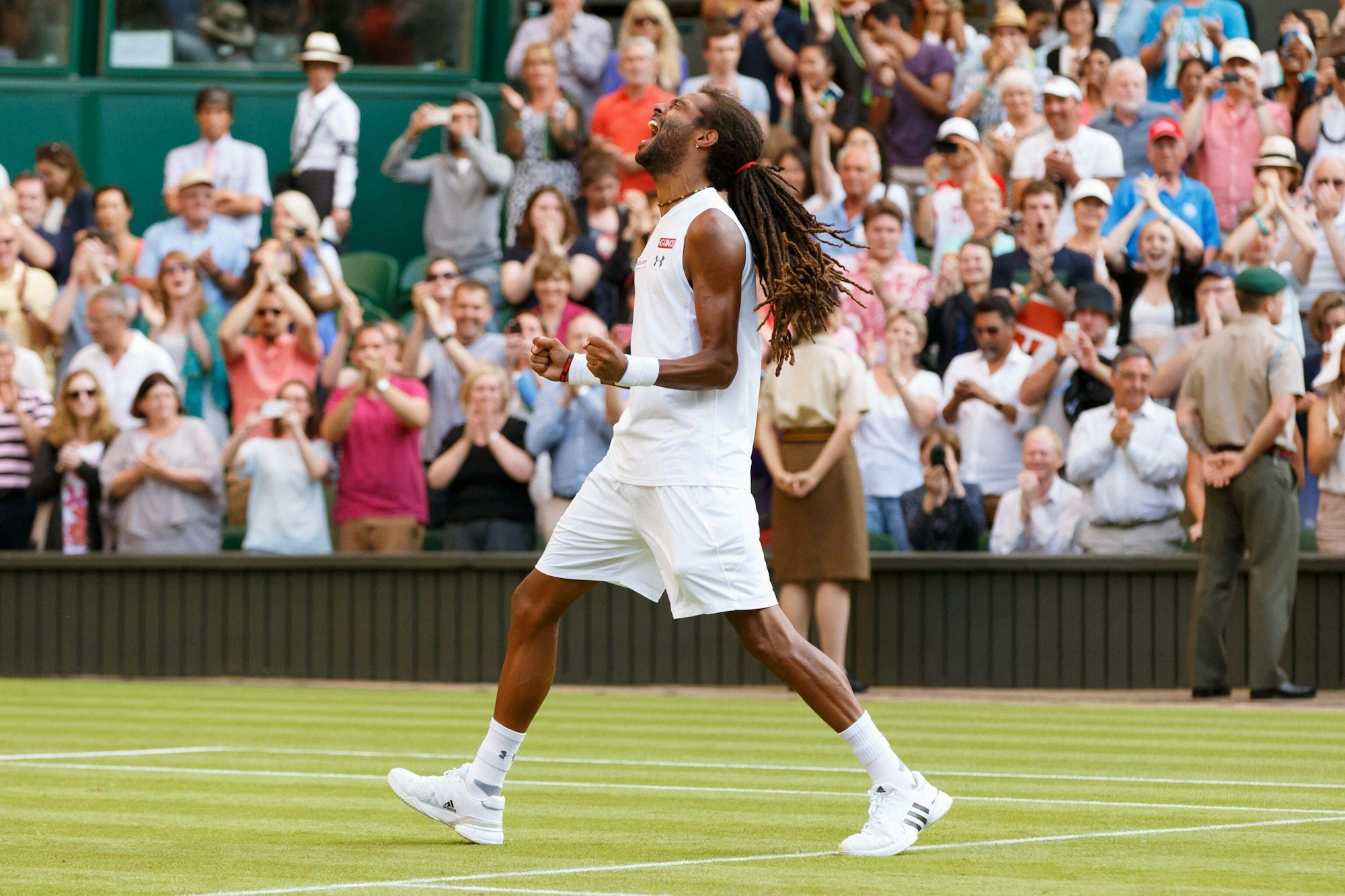 Mandatory Credit: Photo by Ben Queenborough/BPI/Shutterstock 4892684ev Dustin Brown of Germany celebrates defeating Rafa Nadal Wimbledon Tennis Championships, London, Britain - 02 Jul 2015 Editorial use only. No merchandising. Wimbledon Tennis Championships, London, Britain - 02 Jul 2015 Editorial use only. No merchandising. PUBLICATIONxINxGERxSUIxAUTXHUNxGRExMLTxCYPxROMxBULxUAExKSAxONLY Copyright: xBenxQueenborough/BPI/Shutterstockx 4892684ev