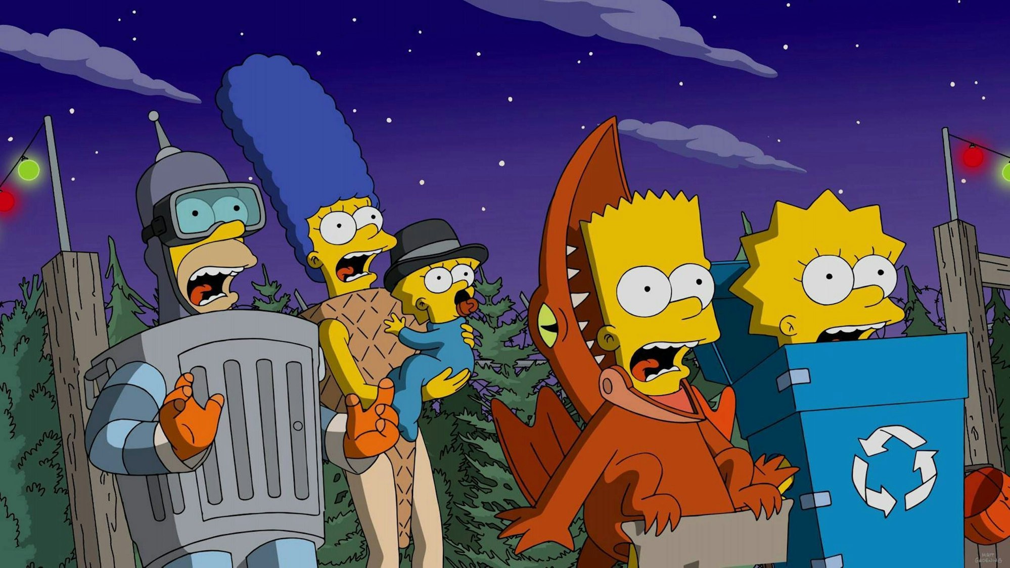 Die Simpsons-Familie: Homer, Marge, Maggie, Bart und Lisa in einer Folge aus der 28. Staffel.