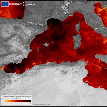 Grund für die Hitzewellen sind die hohen Temperaturen des Mittelmeers, erklärt Meteorologe Karsten Schwanke. Die Karte zeigt die Abweichung der aktuellen Meereswerte im Vergleich zum langjährigen Mittel, teilweise sind es bis zu fünf Grad mehr.