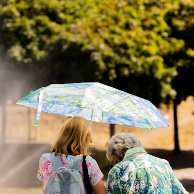 Zwei Frauen schützen am Rheinufer in der Altstadt mit einem Regenschirm vor der Sonne. +++ dpa-Bildfunk +++