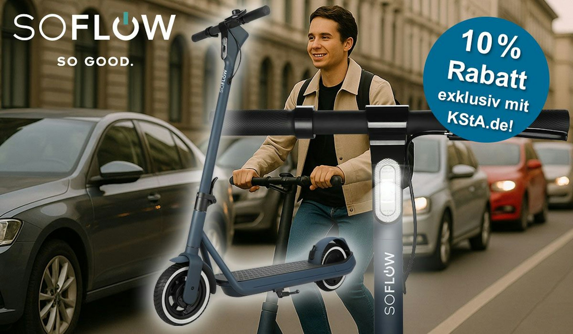 SoFlow SO ONE Lite E-Scooter vor einem jungen Mann, der mit einem E-Scooter an einer Reihe im Stau stehender Fahrzeuge vorbeifährt.