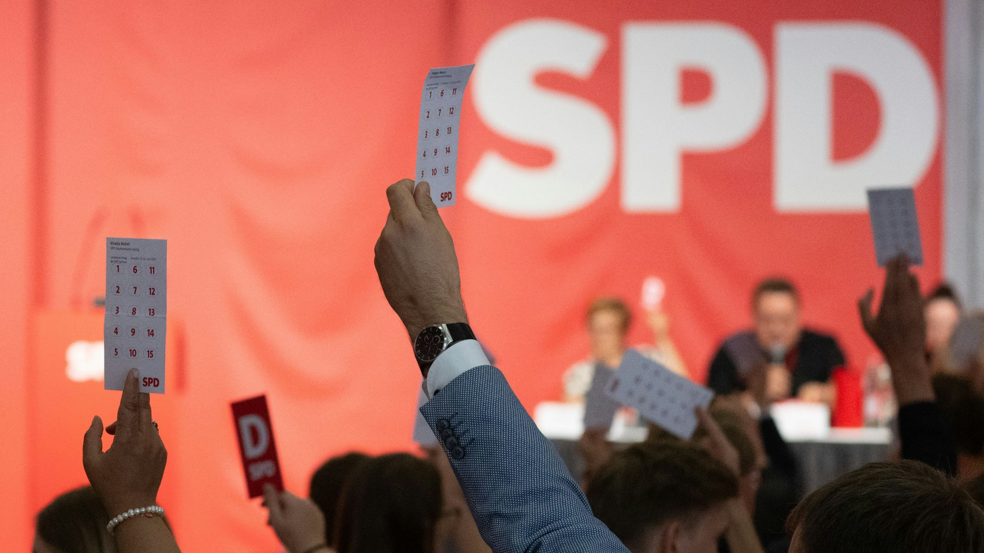 Die Delegierten eines Landesparteitags halten während einer Abstimmung Stimmkarten hoch.