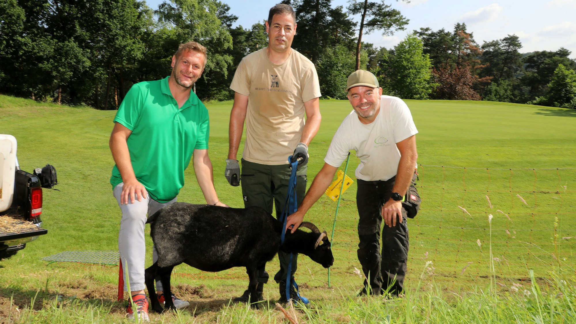 Diplom-Agraringenieur Jost Kamps (M.), Simon Marks (r.) und Golfplatz-Geschäftsführer Ralf Fritz (l.) stehen mit einer Heidschnucke auf dem Golfplatz „Der Lüderich“ bei Overath-Steinenbrück.