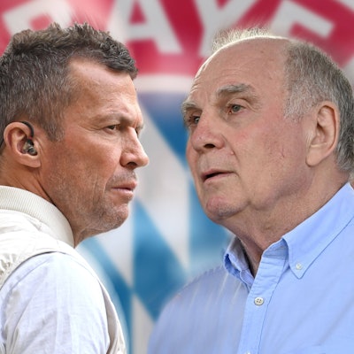 Eine Fotomontage zeigt Lothar Matthäus und Uli Hoeneß vor dem Logo des FC Bayern.