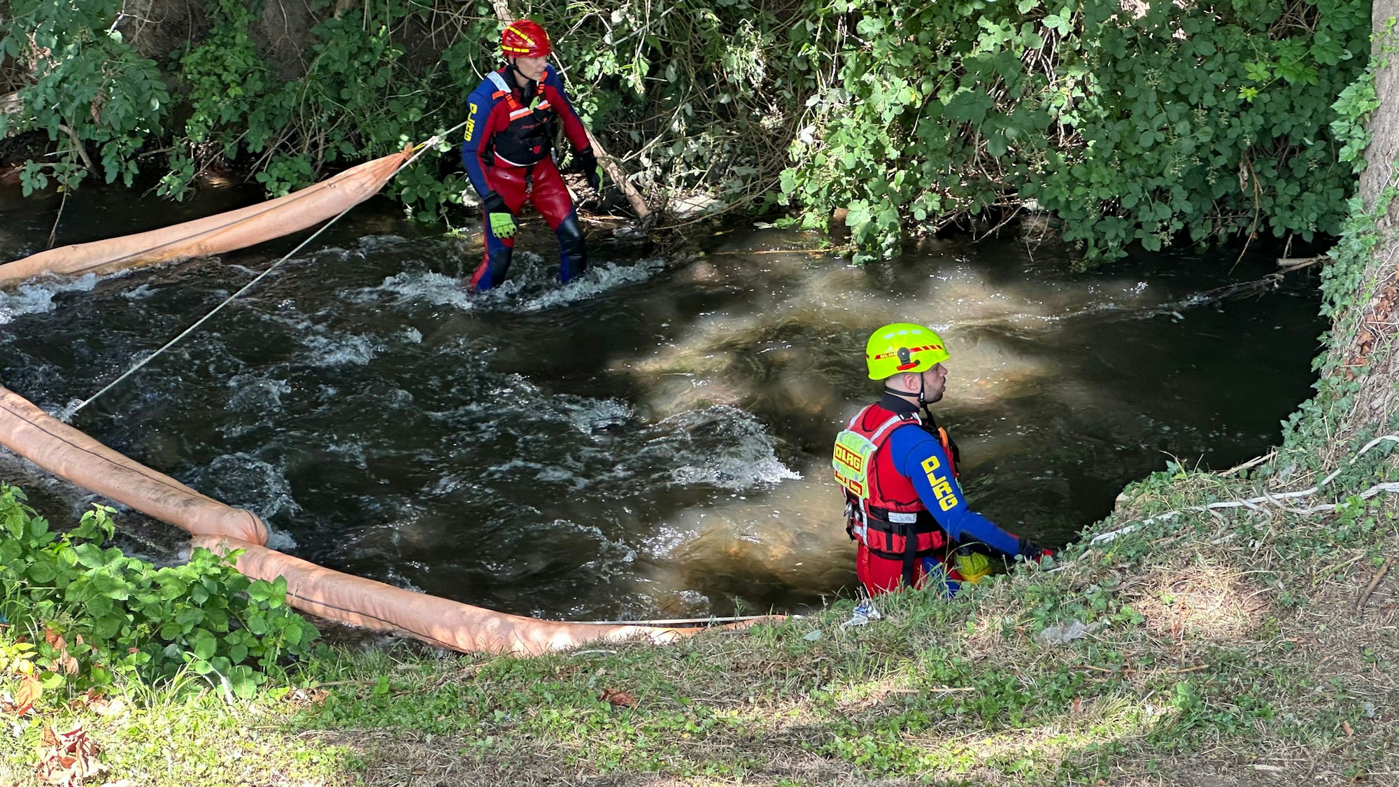 Strömungstaucher der DLRG fischten die Enten aus dem Wasser, eine Ölsperre der Feuerwehr verhinderte, dass sie weiter schwimmen.