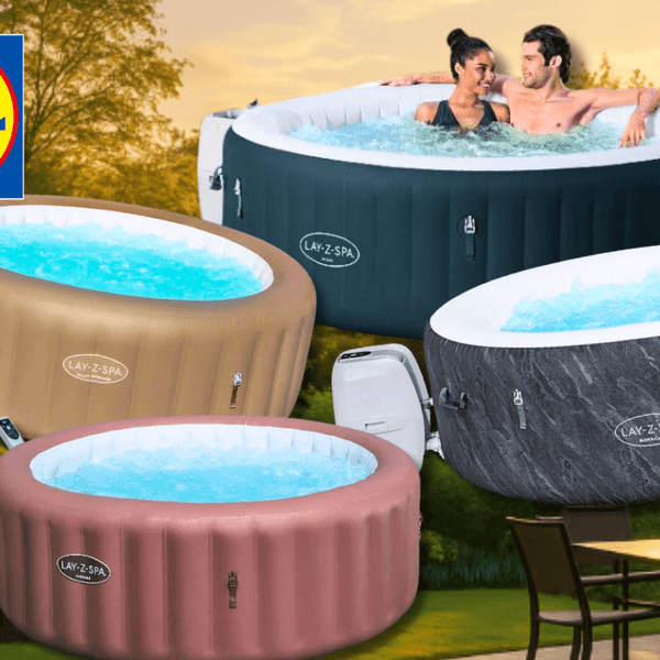 Verschiedene Whirlpool-Modelle sind vor einem Hintergrund, der einen Garten mit Sonnenuntergang zeigt, angeordnet.