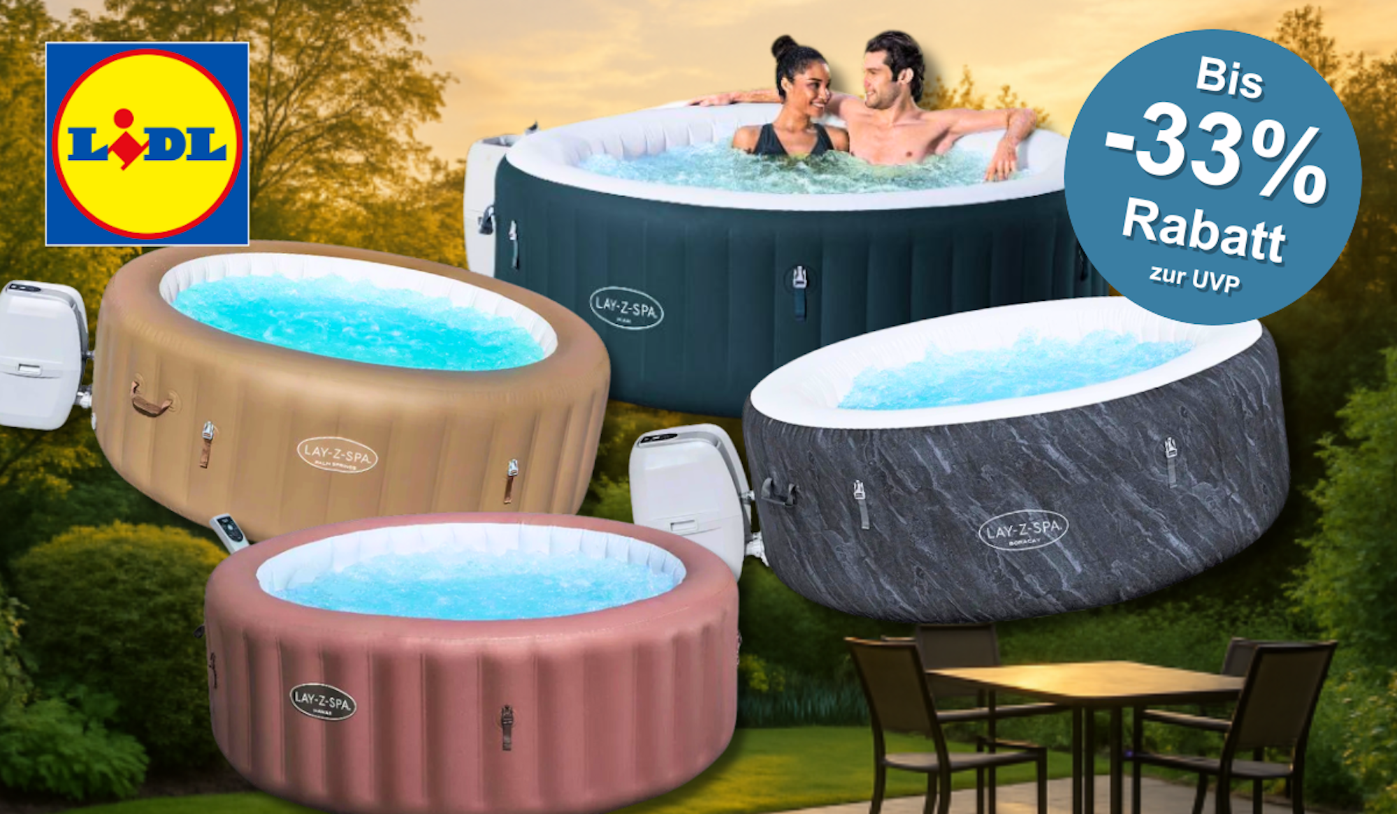 Verschiedene Whirlpool-Modelle sind vor einem Hintergrund, der einen Garten mit Sonnenuntergang zeigt, angeordnet.