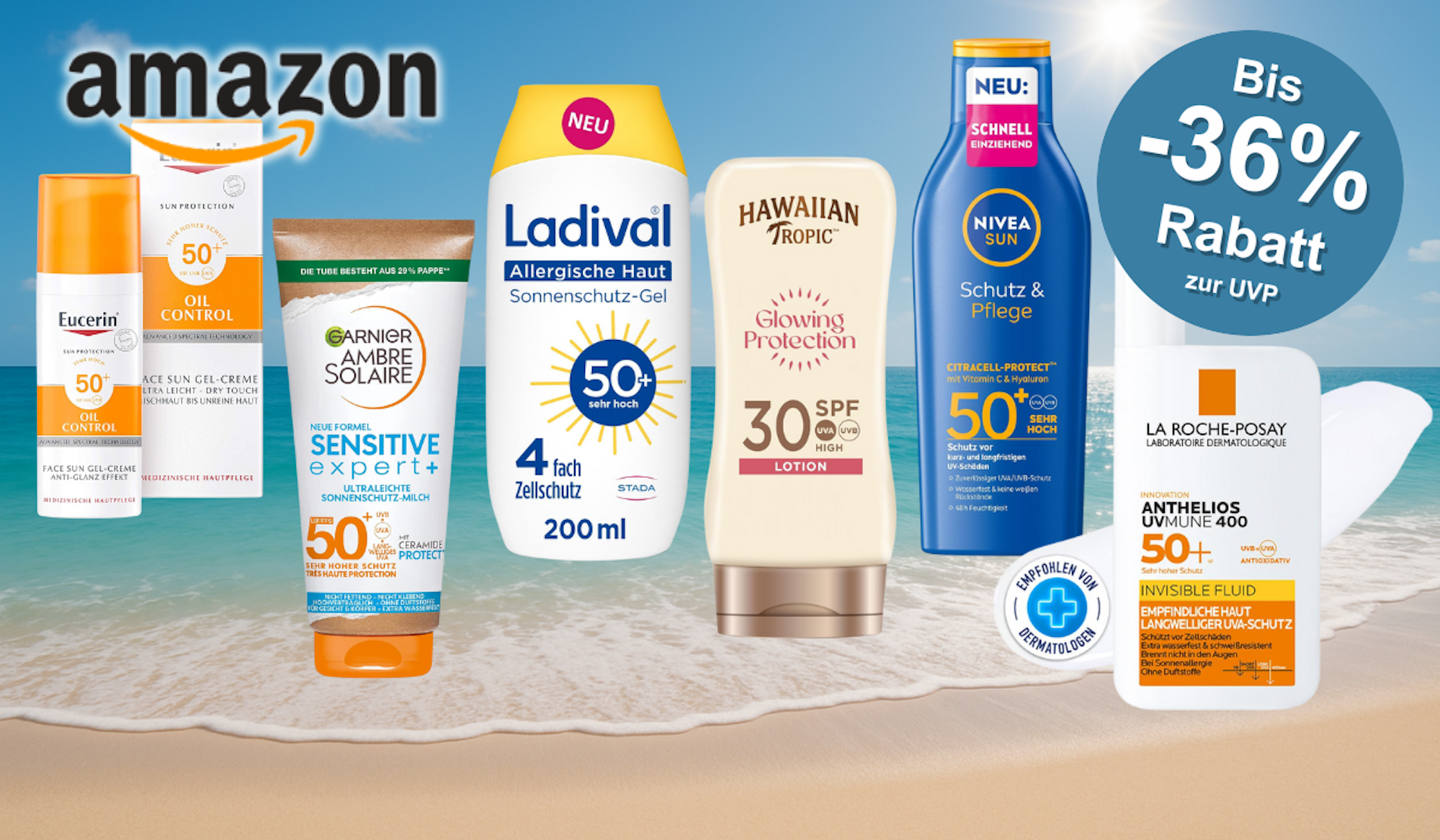 Verschiedene Sonnencreme-Produkte von Marken wie NIVEA, Garnier, La Roche Posay und mehr sind vor einem Hintergrund mit Strand abgebildet.