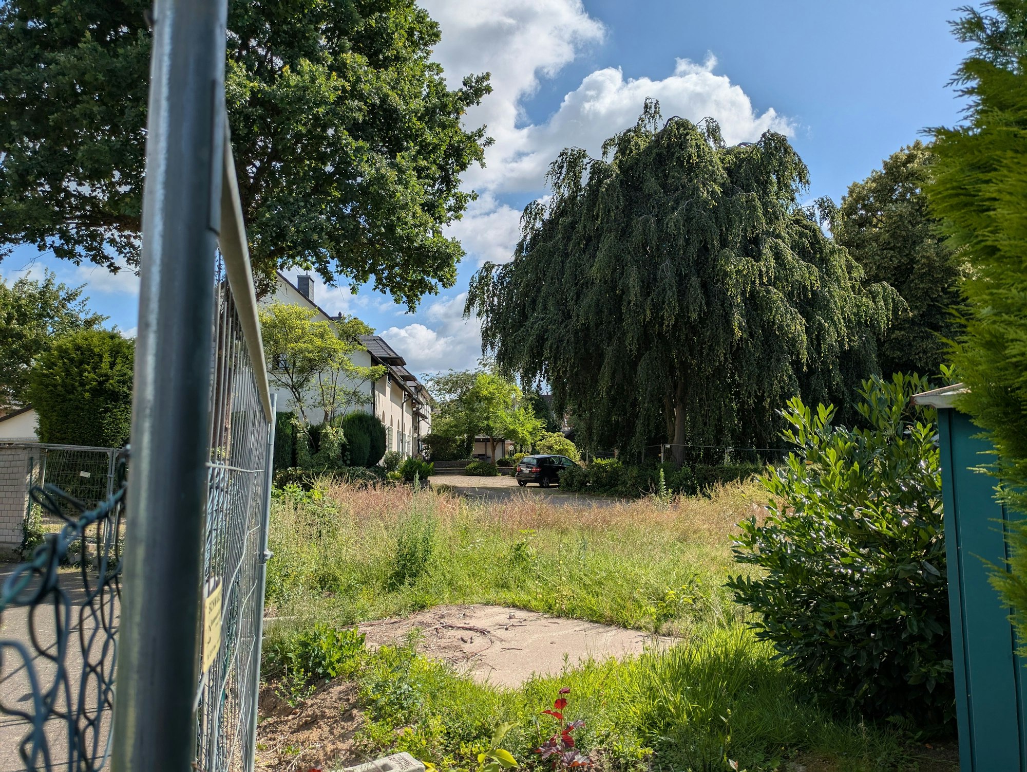 Ein Gebäude steht auf einem verwilderten Grundstück.