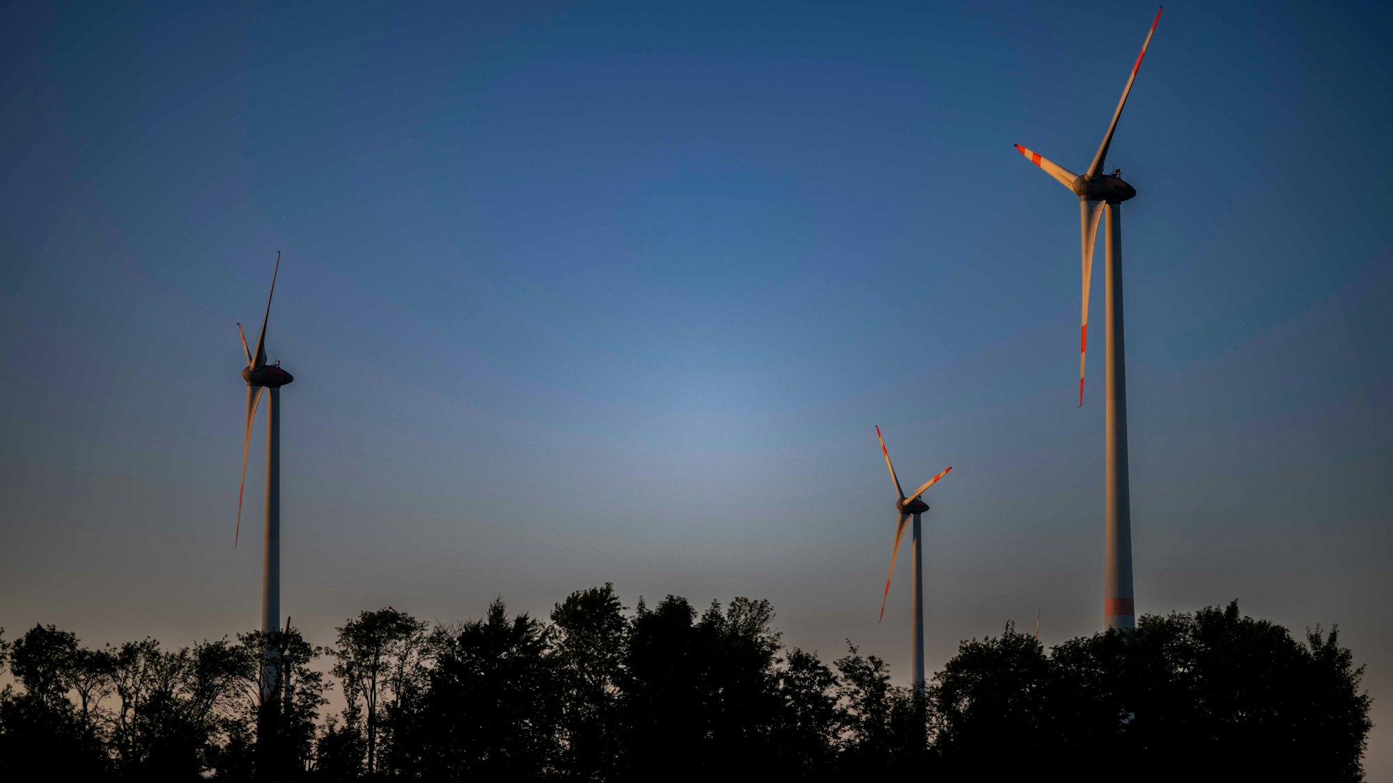 Das Bild zeigt einen Teil des Windparks in Schleiden im Sonnenuntergang.