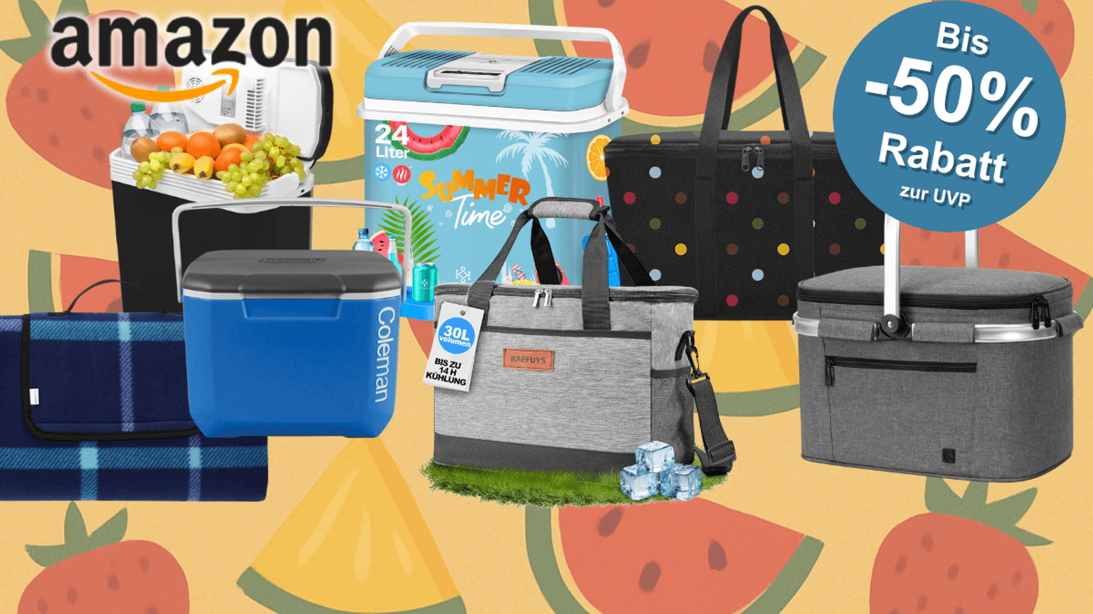 Verschiedene Kühlboxen und Kühltaschen sind vor einem Hintergrund mit Wassermelonen, Erdbeeren und Ananas angeordnet.