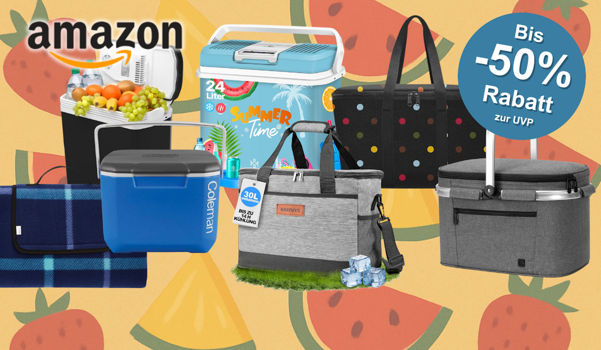 Verschiedene Kühlboxen und Kühltaschen sind vor einem Hintergrund mit Wassermelonen, Erdbeeren und Ananas angeordnet.