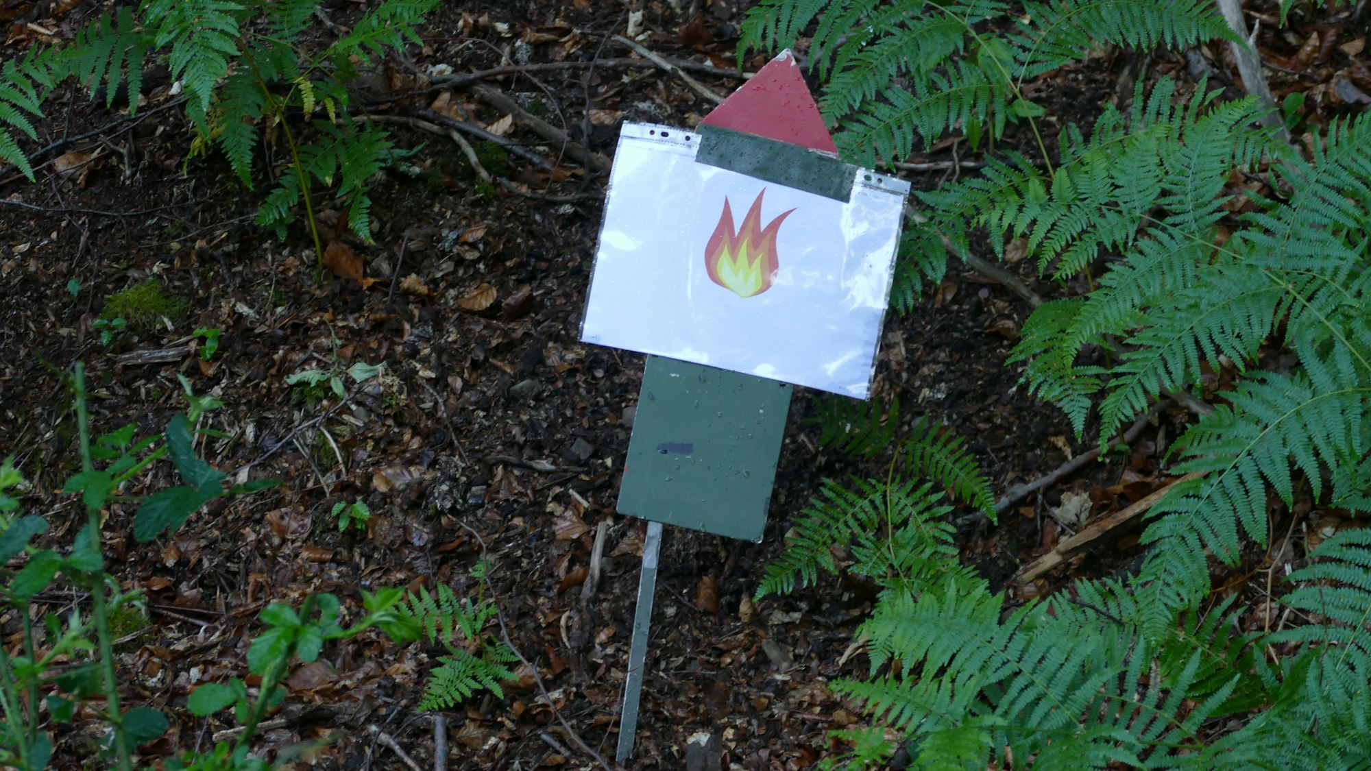 Kleine Schilder mit einer Flamme darauf markieren die Stellen, wo der Waldboden in Flammen steht.
