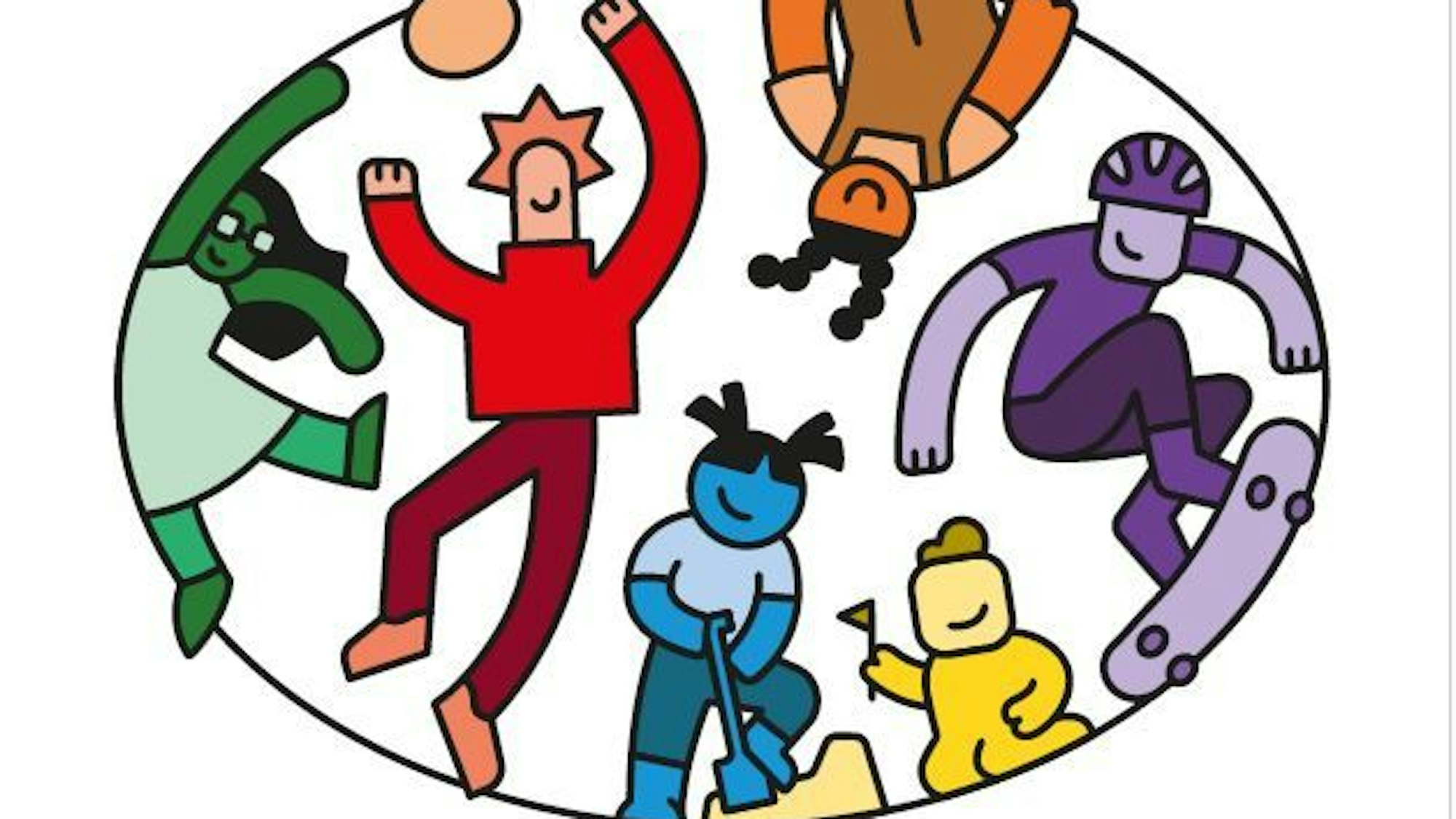 Auf einem ovalen Bild sind schematisch Figuren in unterschiedlichen Farben untergebracht, die Ballspielen, im Sand buddeln und skaten.