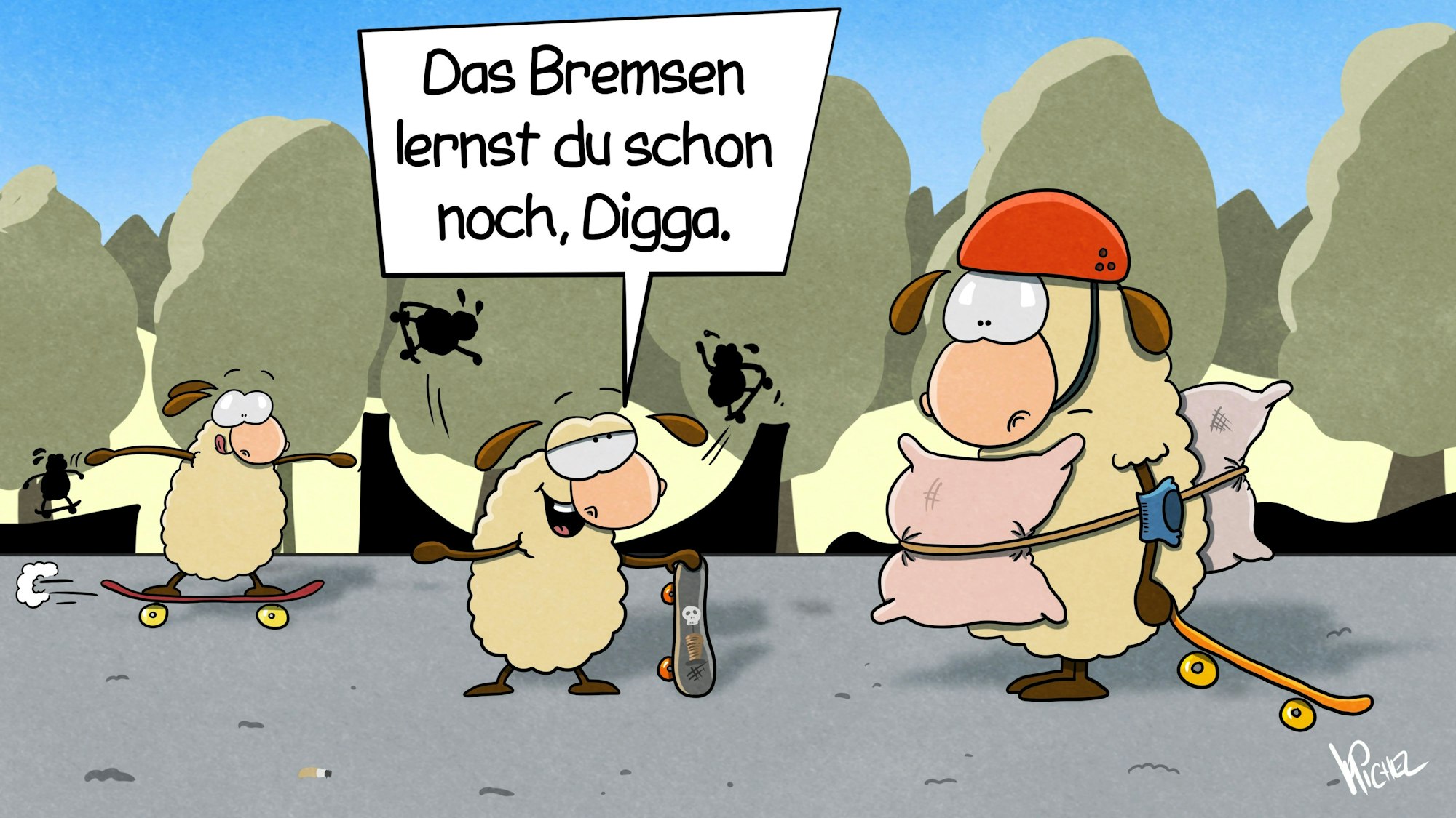 Zwei Schafe stehen auf einem Skatepark. Das eine Schaf ist komplett ausgerüstet mit Helm, Kissen vor dem Bauch und Ellenbogenschonern. Das andere Schaf vor hm trägt keinen Schutz und sagt: „Das Bremsen lernst du schon noch, Digga.“