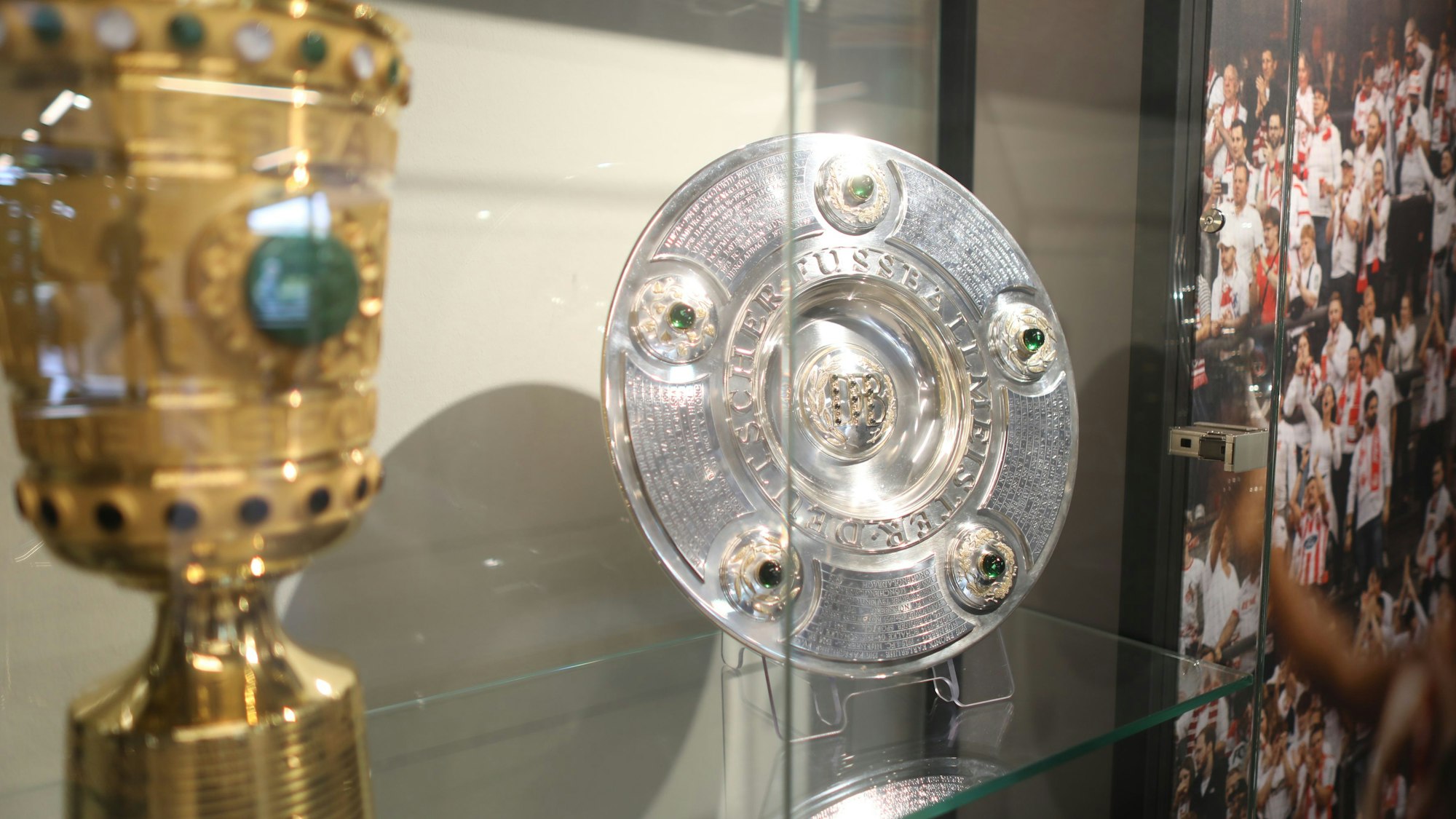Blick auf DFB-Pokal und Meisterschale in einer Vitrine im Restaurant.