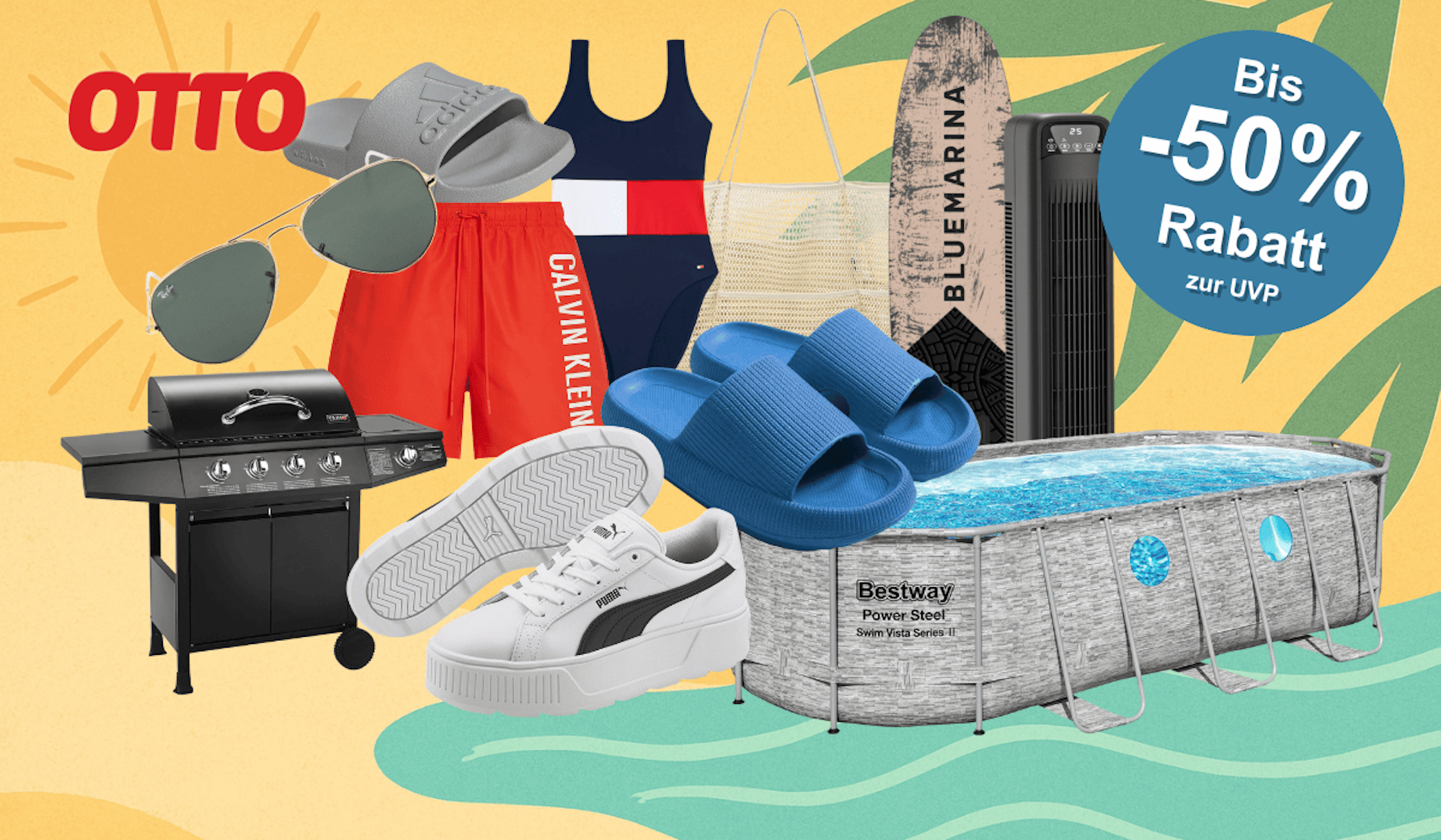 Das Bild zeigt verschiedene Produkte aus dem OTTO Sommer Sale wie Bademode, Sonnenbrille, Grill Pool, Sneaker und mehr.