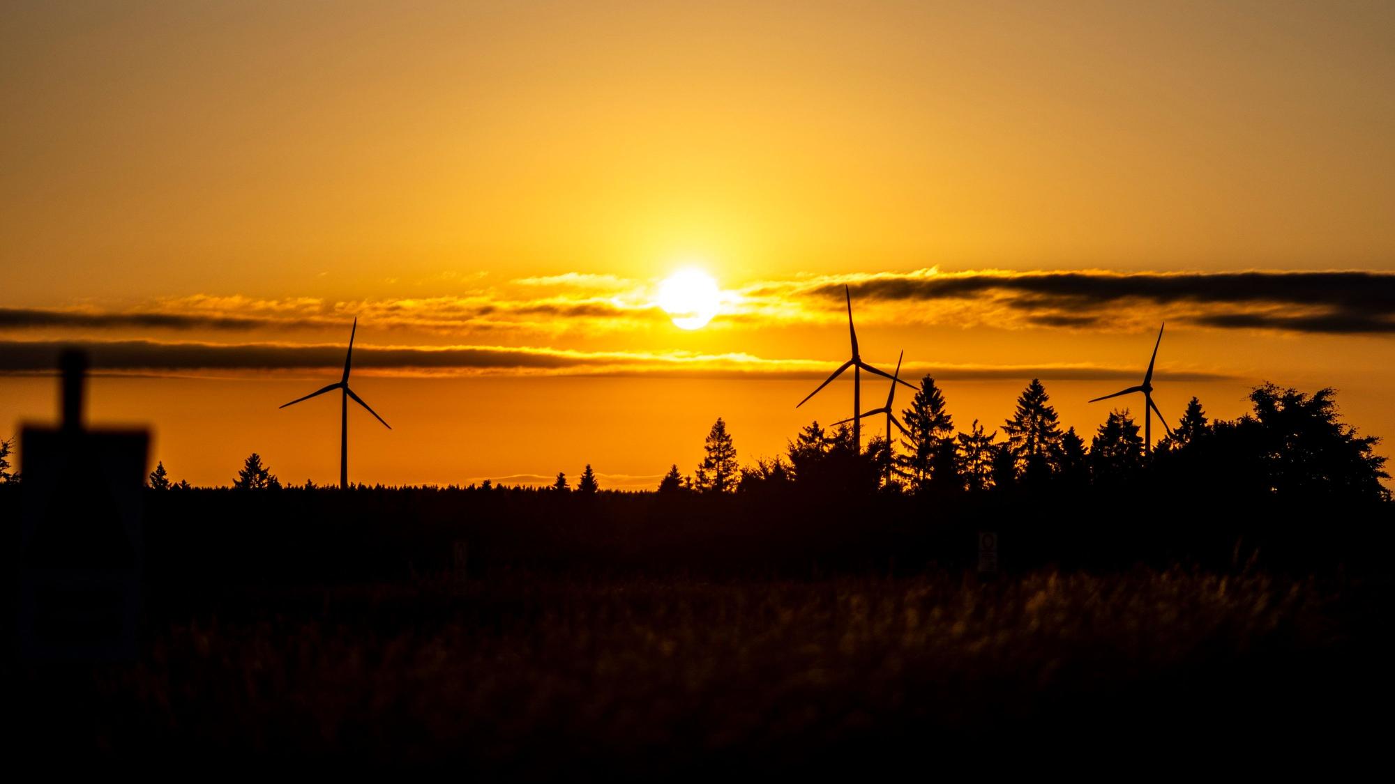 Das Symbolbild zeigt Windräder im Sonnenuntergang.