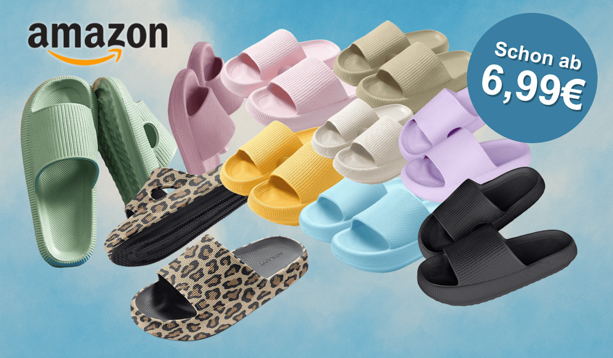 Verschiedene Puffy Schuh-Modelle sind vor einem Hintergrund mit Wolken angeordnet.