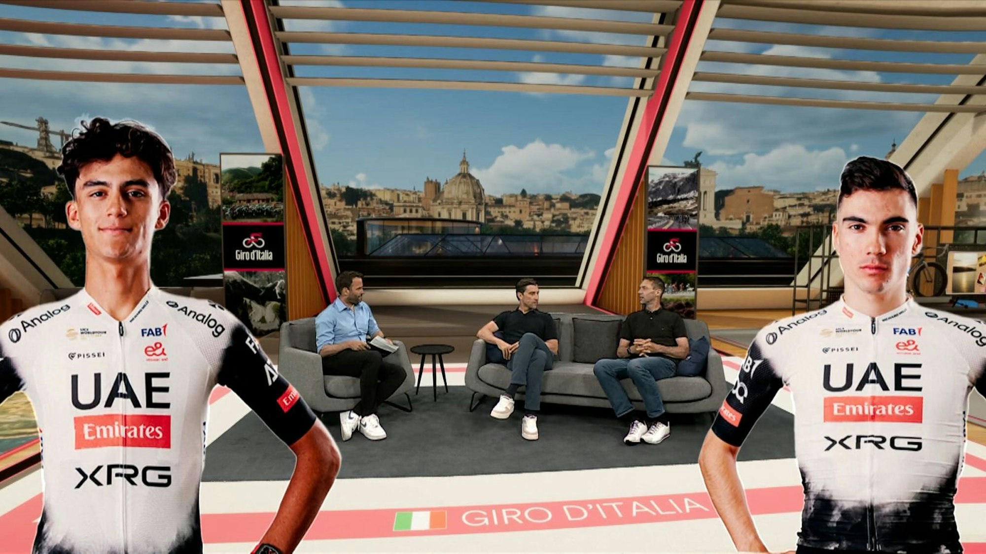 Jens Voigt (rechts hinten) als Experte im „Velo Club“, der Eurosport-Diskussionsrunde nach den Rennen. (Bild: Eurosport)