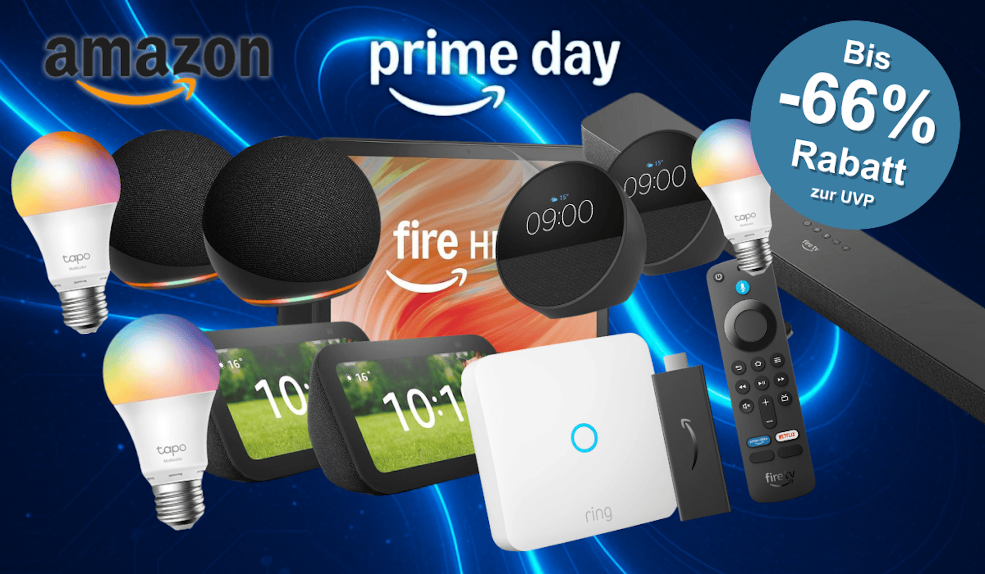 Darstellung verschiedener Amazon Geräte sind vor einem dunklen Hintergrund mit Lichteffekten.