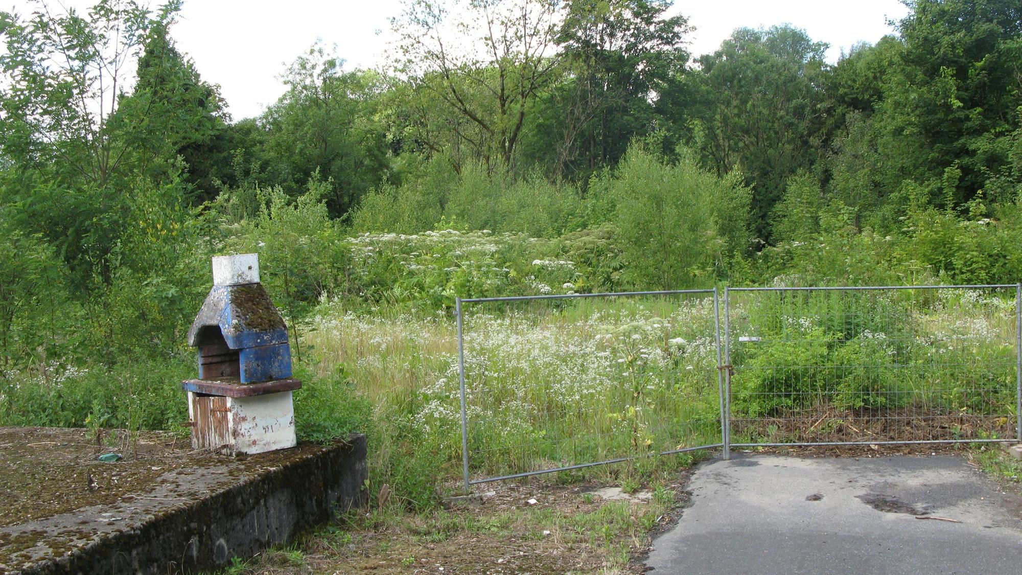 Zugewuchert ist das frühere Campingplatz-Gelände zwischen der B484 und der Agger bei Peisel. Ein Zaun verhindert den Zutritt.
