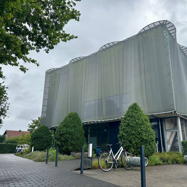 Zu sehen ist ein Gebäude, das wirkt, als wäre es von einem grauen eisernen Umhang verdeckt.