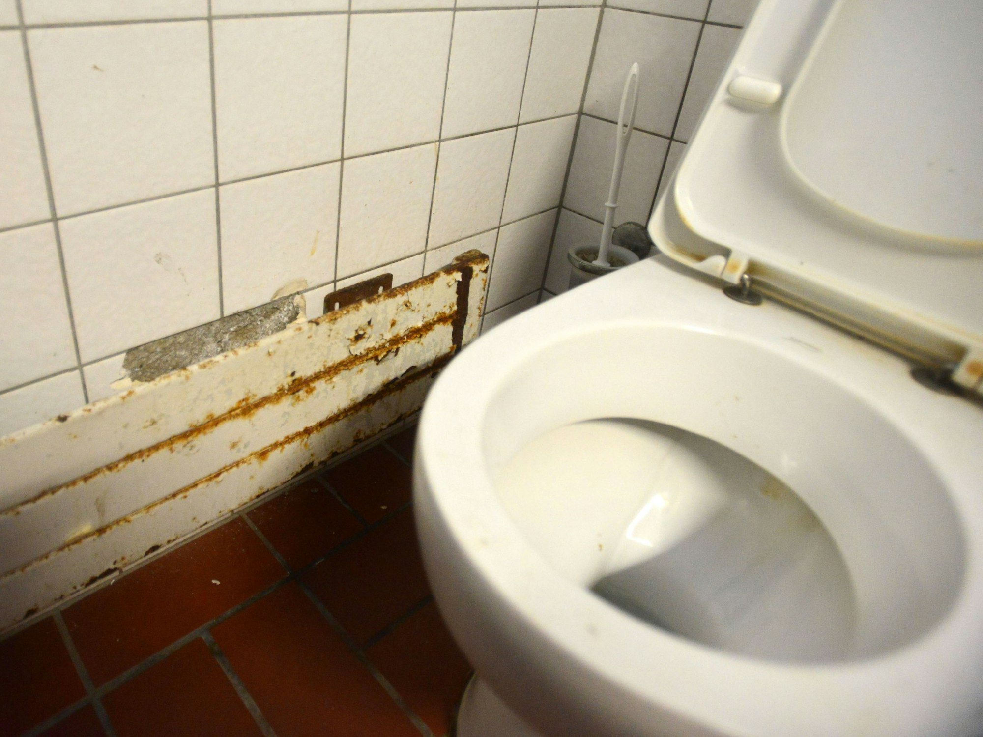 Das Bild zeigt eine Toilette mit einem verrosteten Heizkörper.