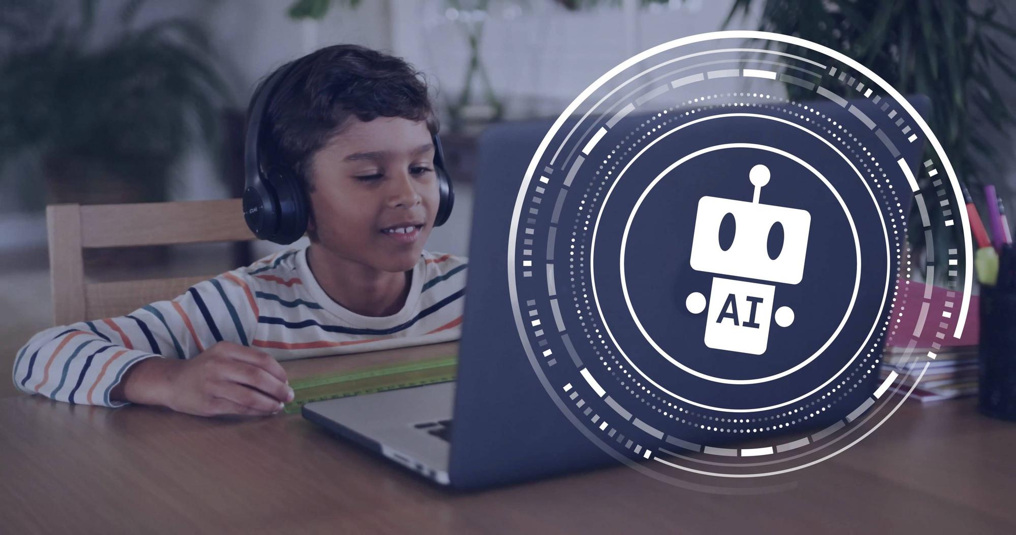 Ein Junge sitzt mit Kopfhörern vor einem Laptop, davor erscheint ein KI-Symbol