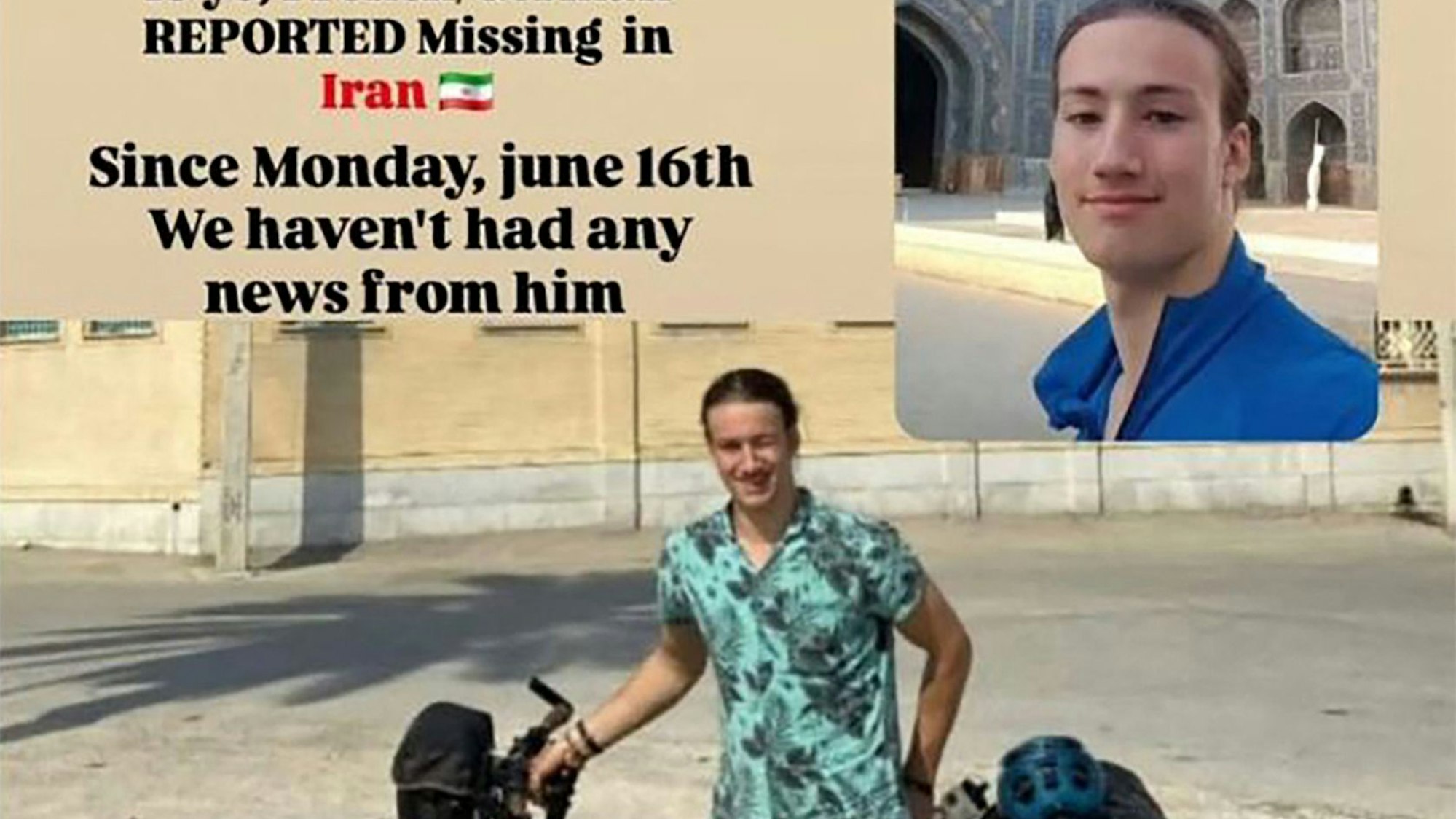 (FILES) This screen grab taken from a post from June 24, 2025, obtained from INSTAGRAM shows Lennart Monterlos, who has been missing since June 16, 2025, while travelling by bike in Iran, in a photo taken at an unknown location. The young Franco-German cyclist who disappeared in Iran in mid-June has been "arrested" by the authorities, Iranian diplomatic sources said on July 10, 2025. (Photo by INSTAGRAM / AFP) / RESTRICTED TO EDITORIAL USE - MANDATORY CREDIT "AFP PHOTO / INSTAGRAM /" - NO MARKETING NO ADVERTISING CAMPAIGNS - DISTRIBUTED AS A SERVICE TO CLIENTS
