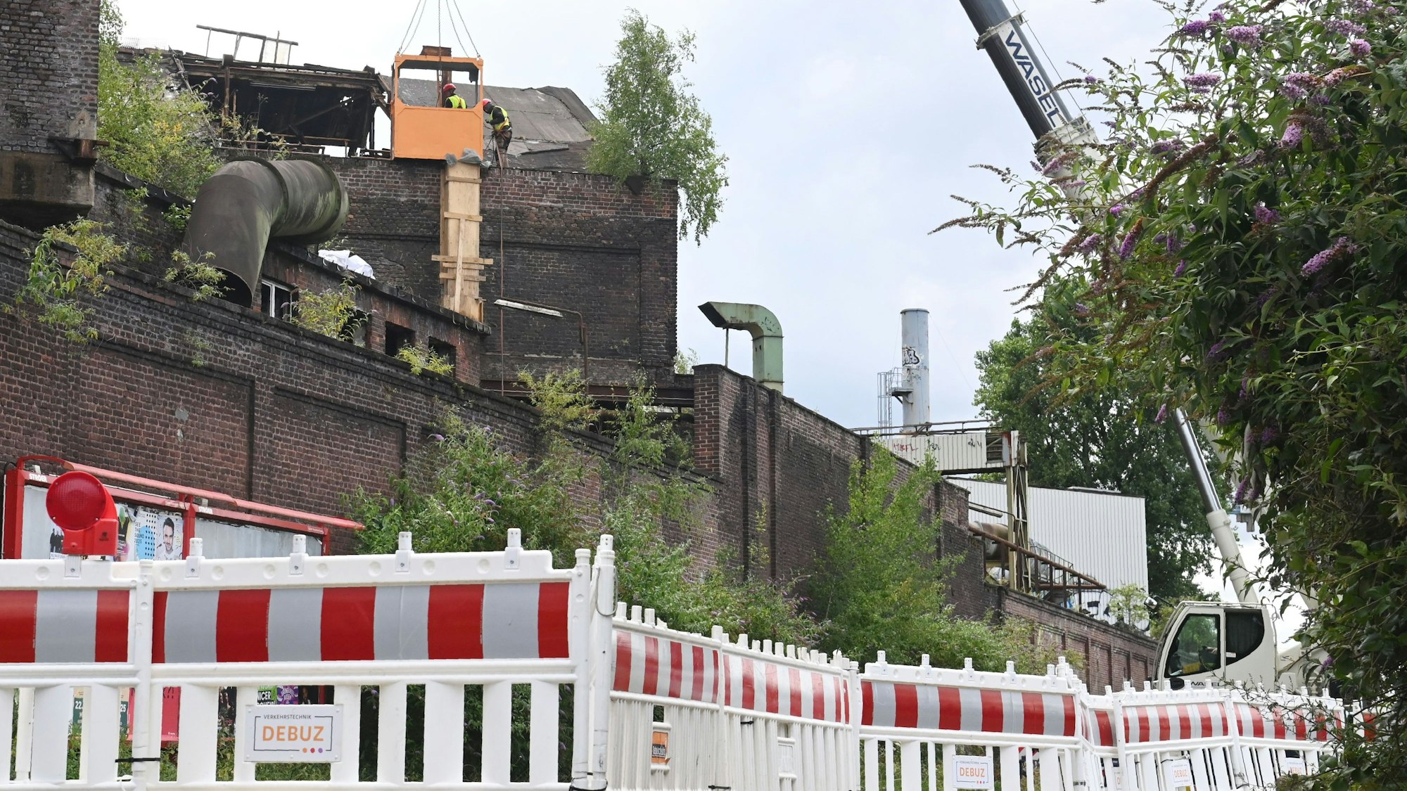 Ein altes Fabrikgebäude am Auenweg ist am Montag mit einem Kran teilweise abgerissen worden.