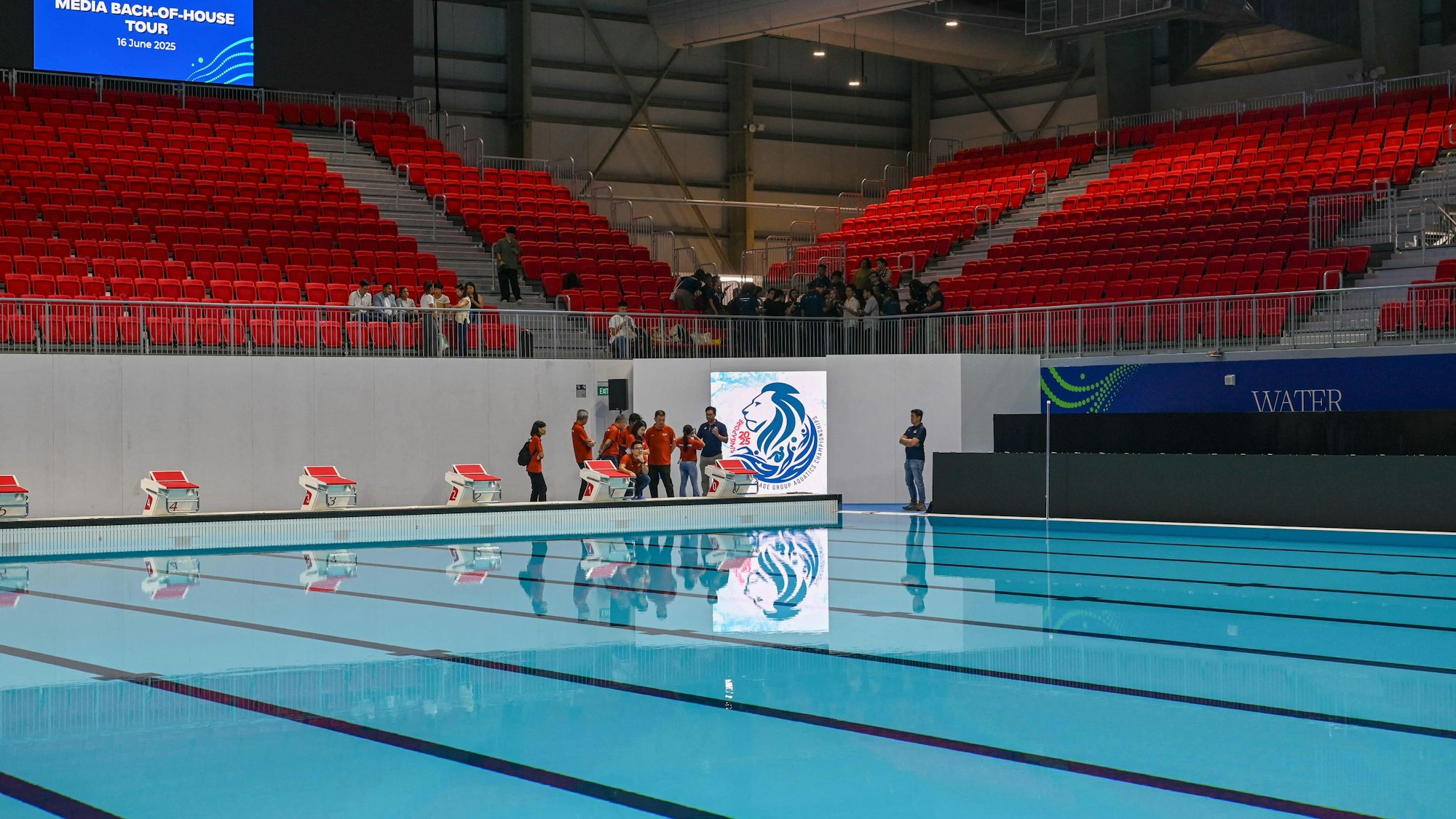 The pool at the aquatics arena is pictured during a media tour ahead of the upcoming 2025 World Aquatics Championships in Singapore on June 16, 2025. (Photo by Roslan RAHMAN / AFP)