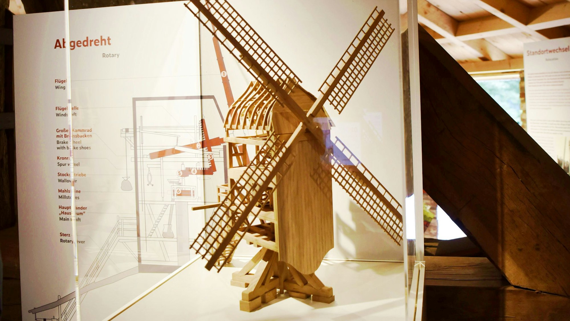 In einer Vitrine in der neuen Einhausung der Spieler Mühle steht ein Holzmodell der Mühle.