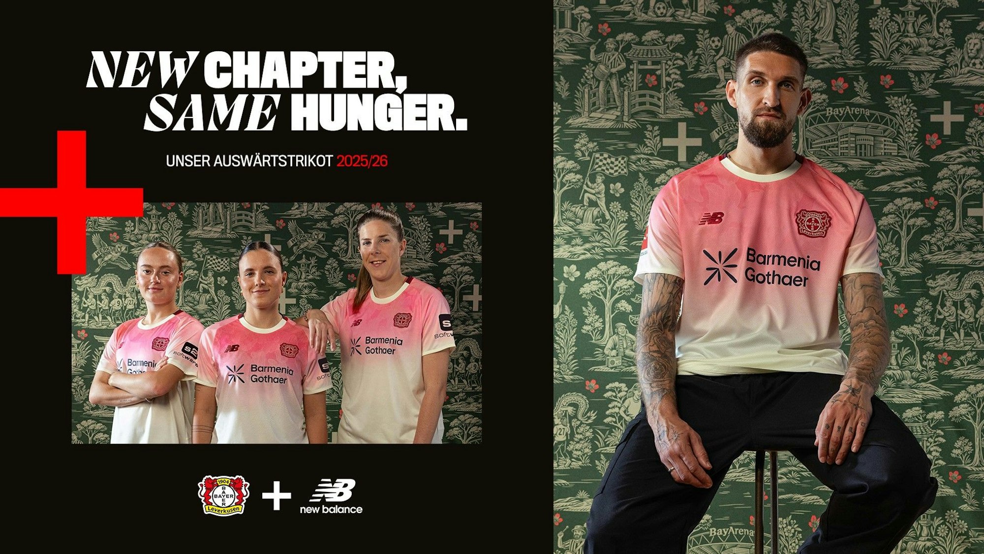 Drei Frauen und ein Mann präsentieren ein Trikot von Bayer 04.