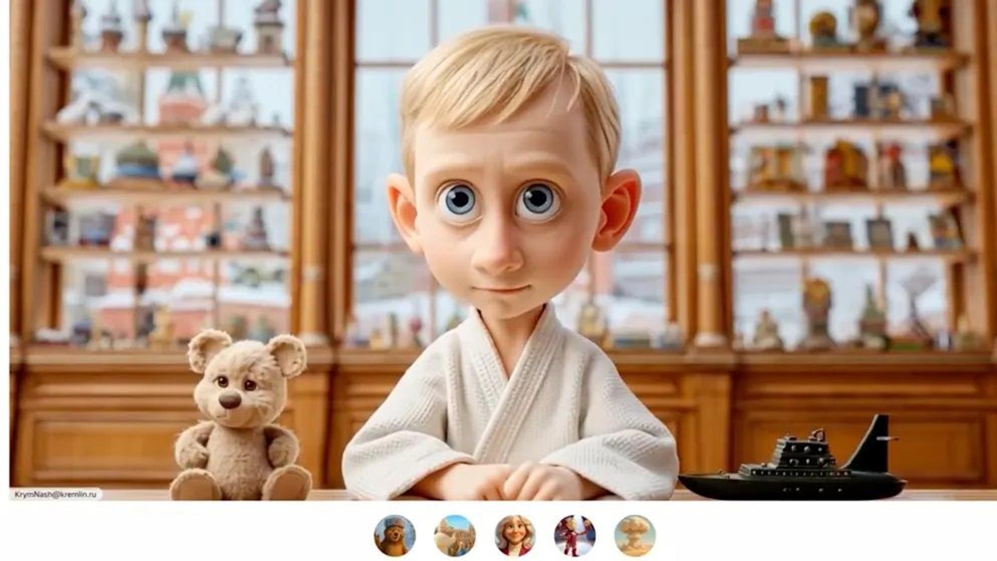 Putin sitzt als kindliche Trickfilmfigur im Judoanzug am Schreibtisch.