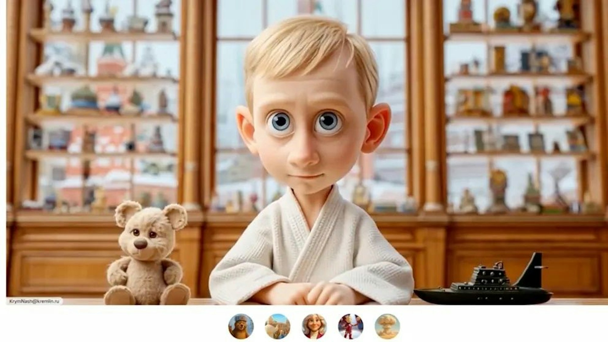 Putin sitzt als kindliche Trickfilmfigur im Judoanzug am Schreibtisch.