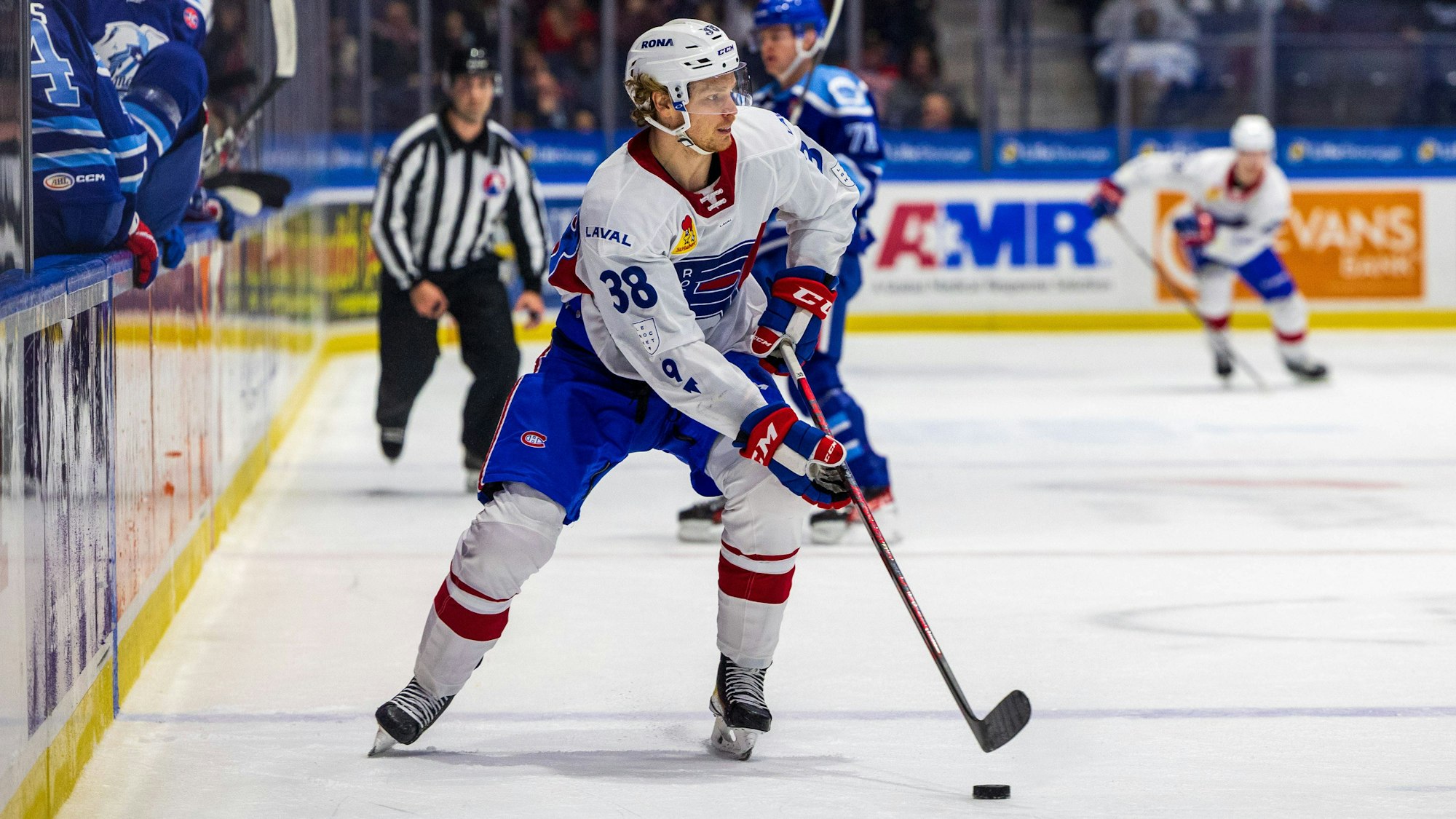 AHL 2023: AMERICANS VS ROCKET FEB 24 February 24, 2023: Laval Rocket forward Nate Schnarr 38 skates with the puck in the first period against the Rochester Americans. The Rochester Americans hosted the Laval Rocket on Defend the Ice Night in an American Hockey League game at Blue Cross Arena in Rochester, New York. Jonathan Tenca/CSM California USA EDITORIAL USE ONLY Copyright: xx ZUMA-20230224_zaf_c04_333.jpg JonathanxTencax csmphotothree053504