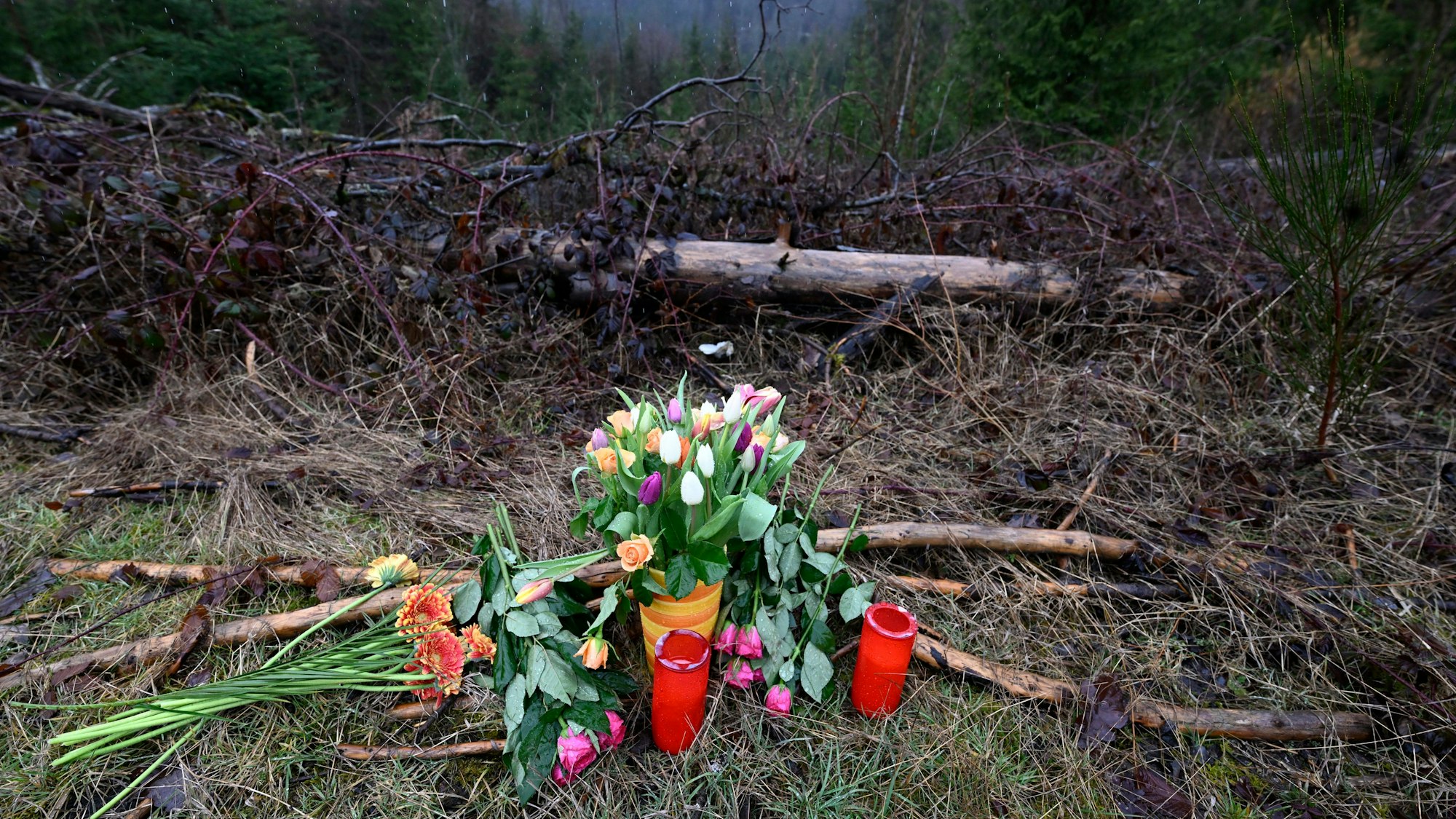 Blumen und Kerzen wurden am Fundort des ermordeten Mädchens Luise niedergelegt. Bei der Obduktion der Leiche sind zahlreiche Messerstiche festgestellt worden.