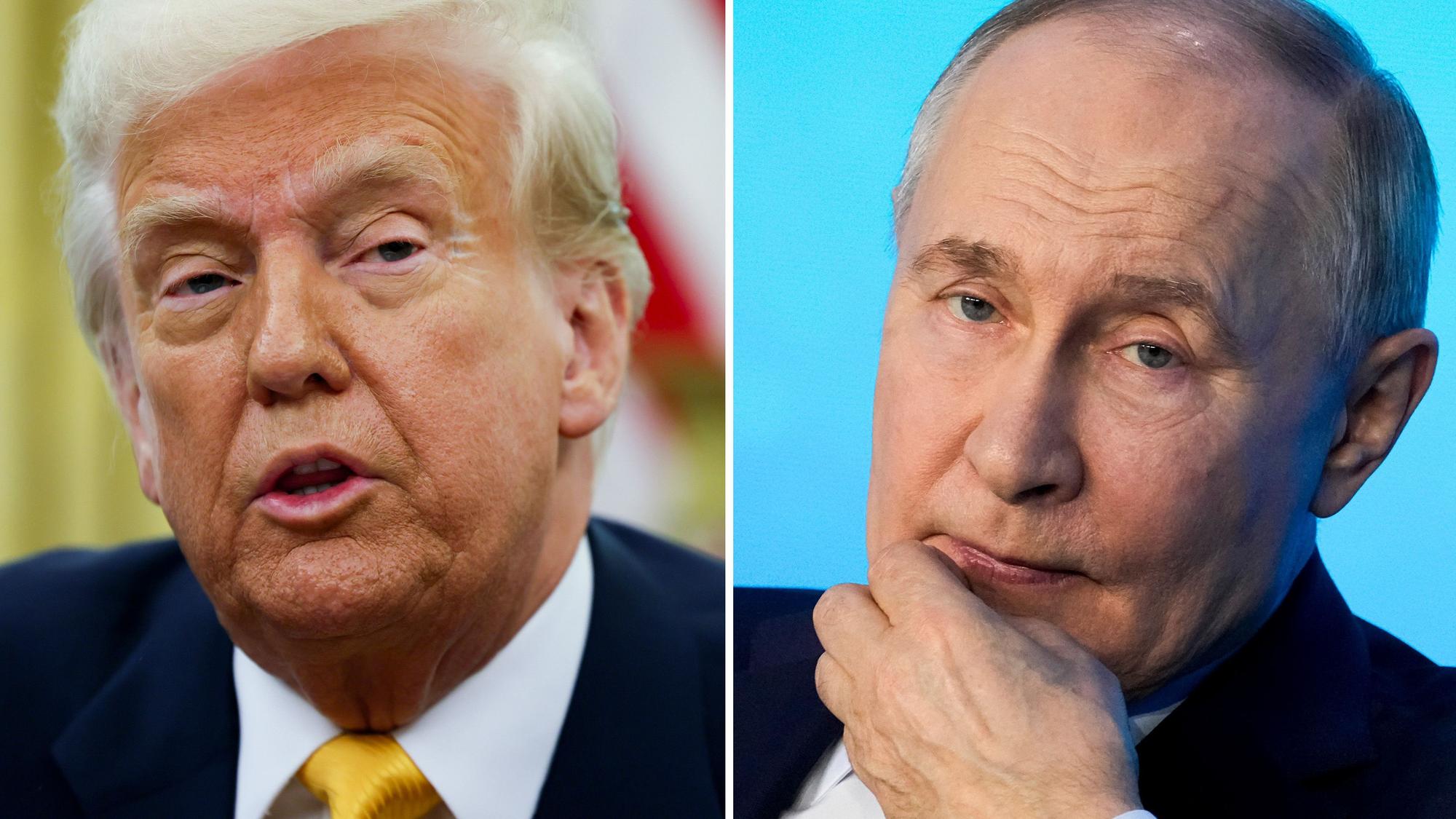 ARCHIV - 14.03.2025, ---: Die Kombo aus Archivbildern zeigt US-Präsident Donald Trump (l) im Oval Office des Weißen Hauses am 07.03.2025 und den russischen Präsidenten Wladimir Putin während eines Technologieforums in Moskau am 21.02.2025. (zu dpa: «Russland unbeeindruckt von Trumps Drohungen») Foto: Pavel Bednyakov/AP/Pool via AP/dpa +++ dpa-Bildfunk +++