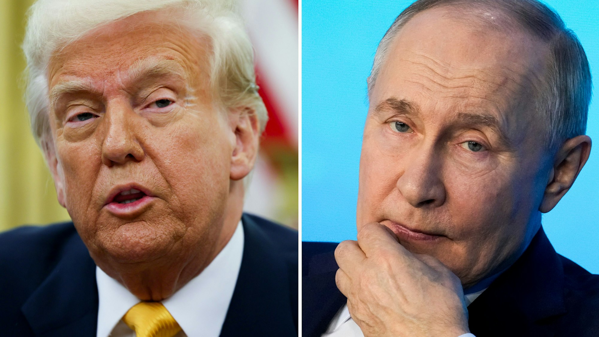 ARCHIV - 14.03.2025, ---: Die Kombo aus Archivbildern zeigt US-Präsident Donald Trump (l) im Oval Office des Weißen Hauses am 07.03.2025 und den russischen Präsidenten Wladimir Putin während eines Technologieforums in Moskau am 21.02.2025. (zu dpa: «Russland unbeeindruckt von Trumps Drohungen») Foto: Pavel Bednyakov/AP/Pool via AP/dpa +++ dpa-Bildfunk +++