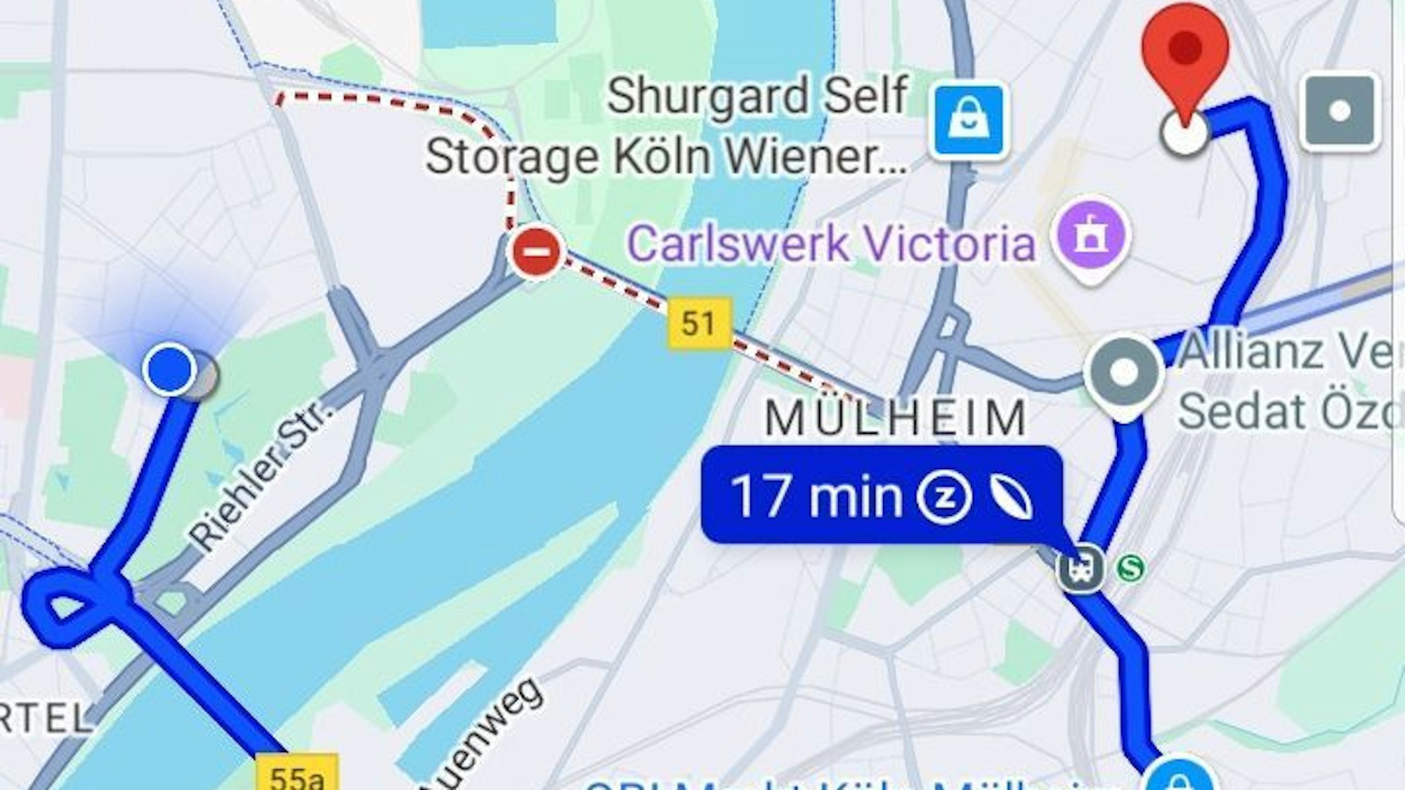 Screenshot von Google Maps zeigt die fälschlicherweise als gesperrt angezeigte Mülheimer Brücke.