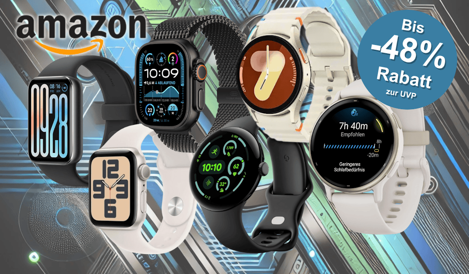 Das Bild zeigt verschiedene Smartwatch Modelle von Marken wie Apple, Samsung, Garmin, Xiaomi und mehr vor einem Hintergrund mit einem Muster in blau, grün und schwarz.