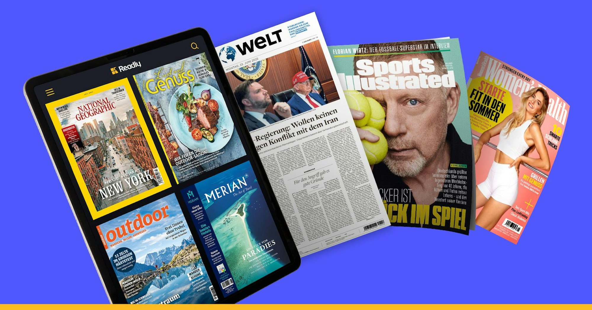 Mehrere Zeitschriftentitel sind auf einem Tablet vor einem blauen Hintergrund zu sehen.